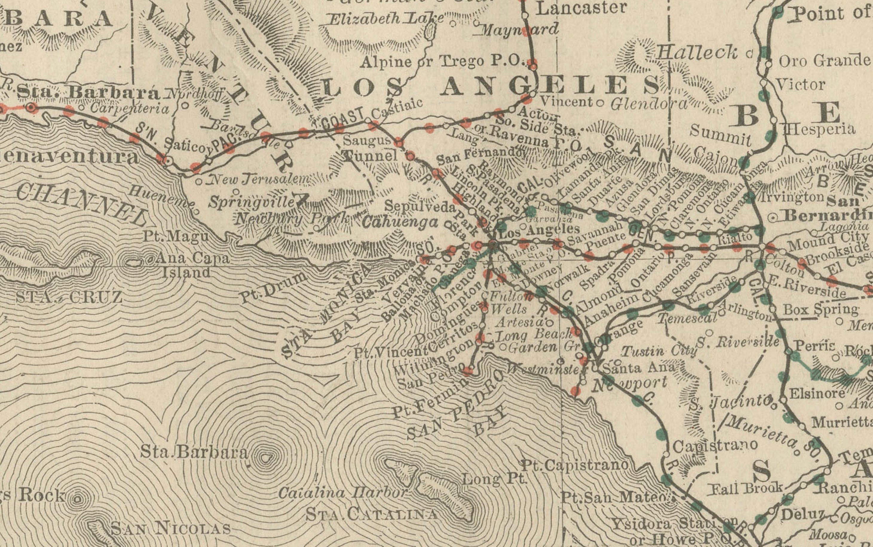 Carta Mappa della California del 1888 - Ferrovie, città e contee del Golden State in vendita