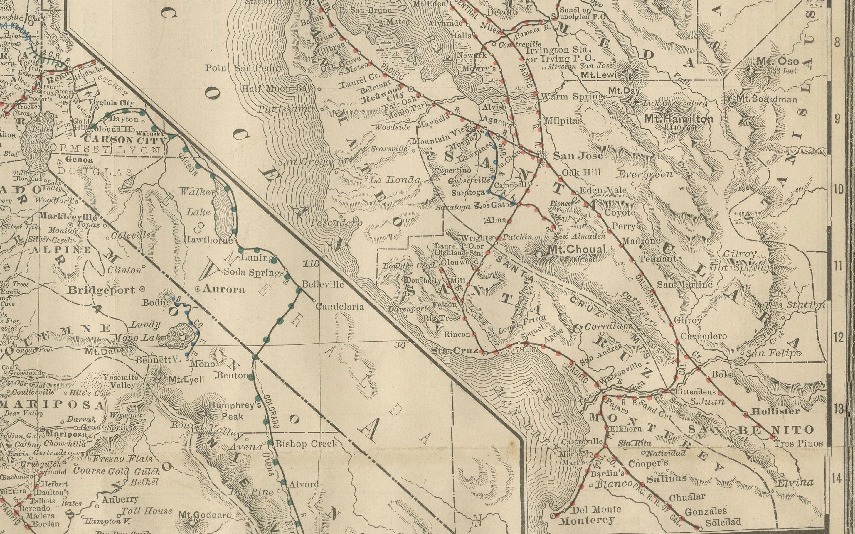 Mappa della California del 1888 - Ferrovie, città e contee del Golden State in vendita 1
