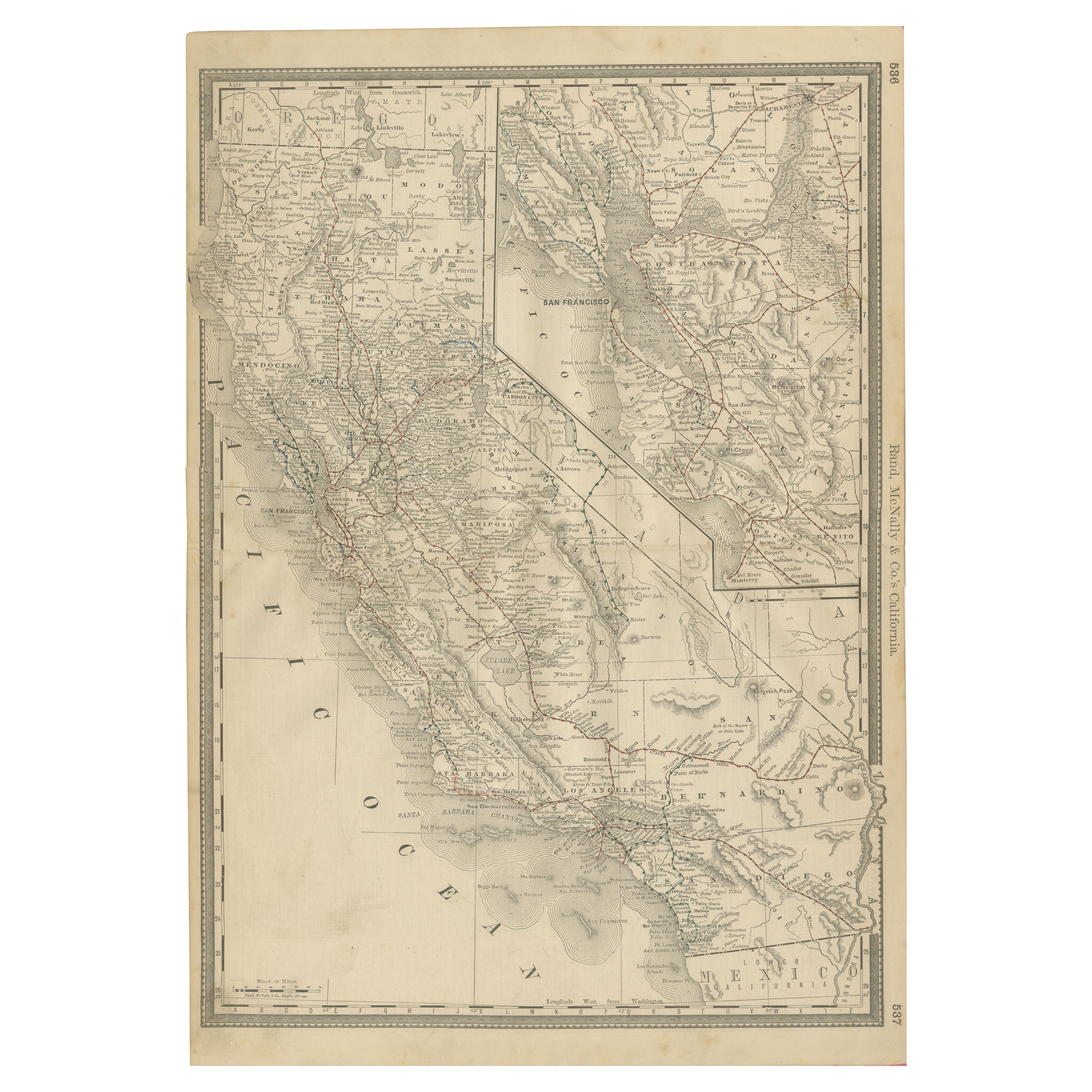 Mappa della California del 1888 - Ferrovie, città e contee del Golden State