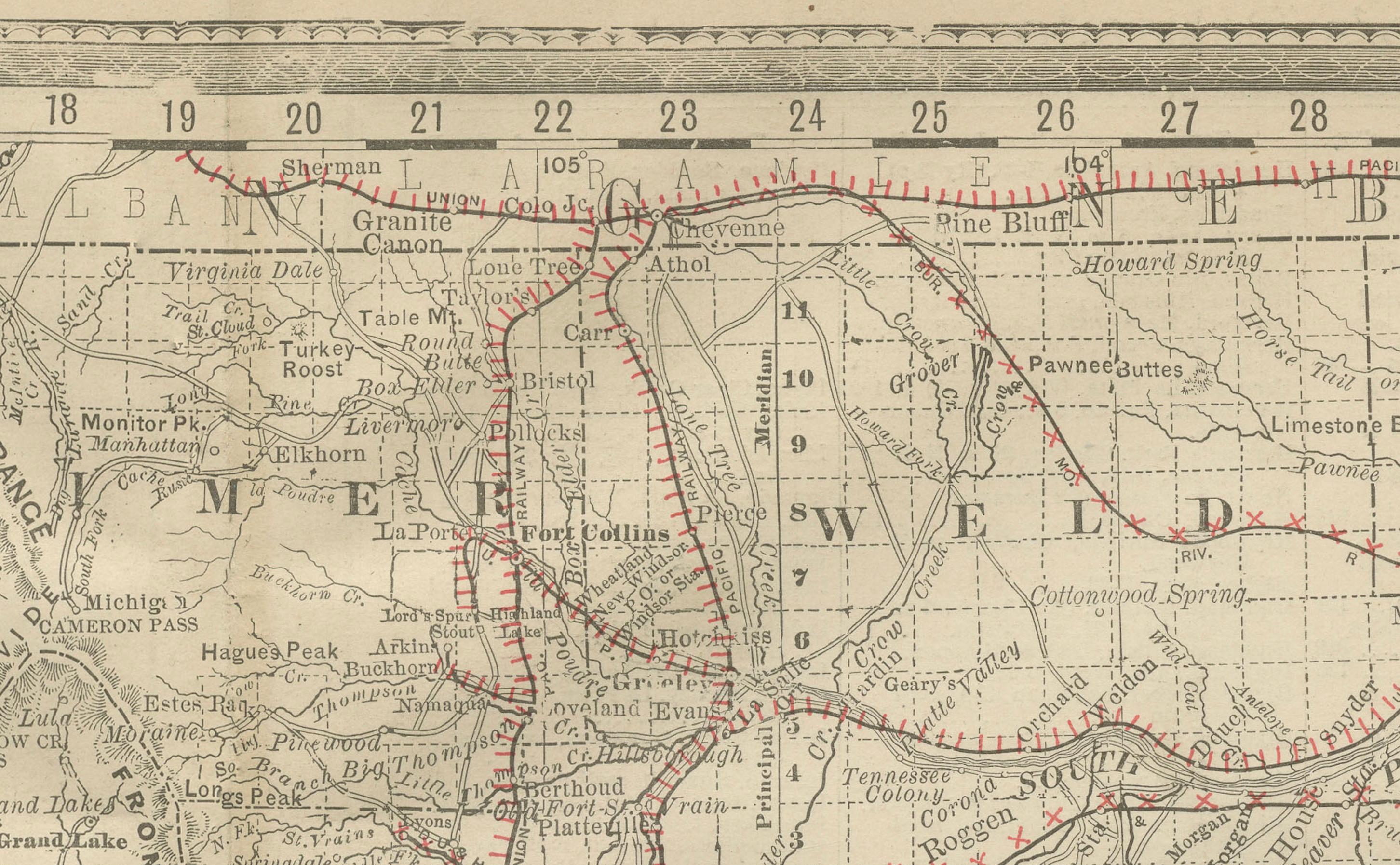 Mappa antica del Colorado - Ferrovie, Townes minerarie e contee, 1888

Questa antica mappa incisa raffigura lo stato del Colorado nel 1888, pubblicata da Rand, McNally & Co. di Chicago per il suo Improved Indexed Business Atlas and Shippers Guide.