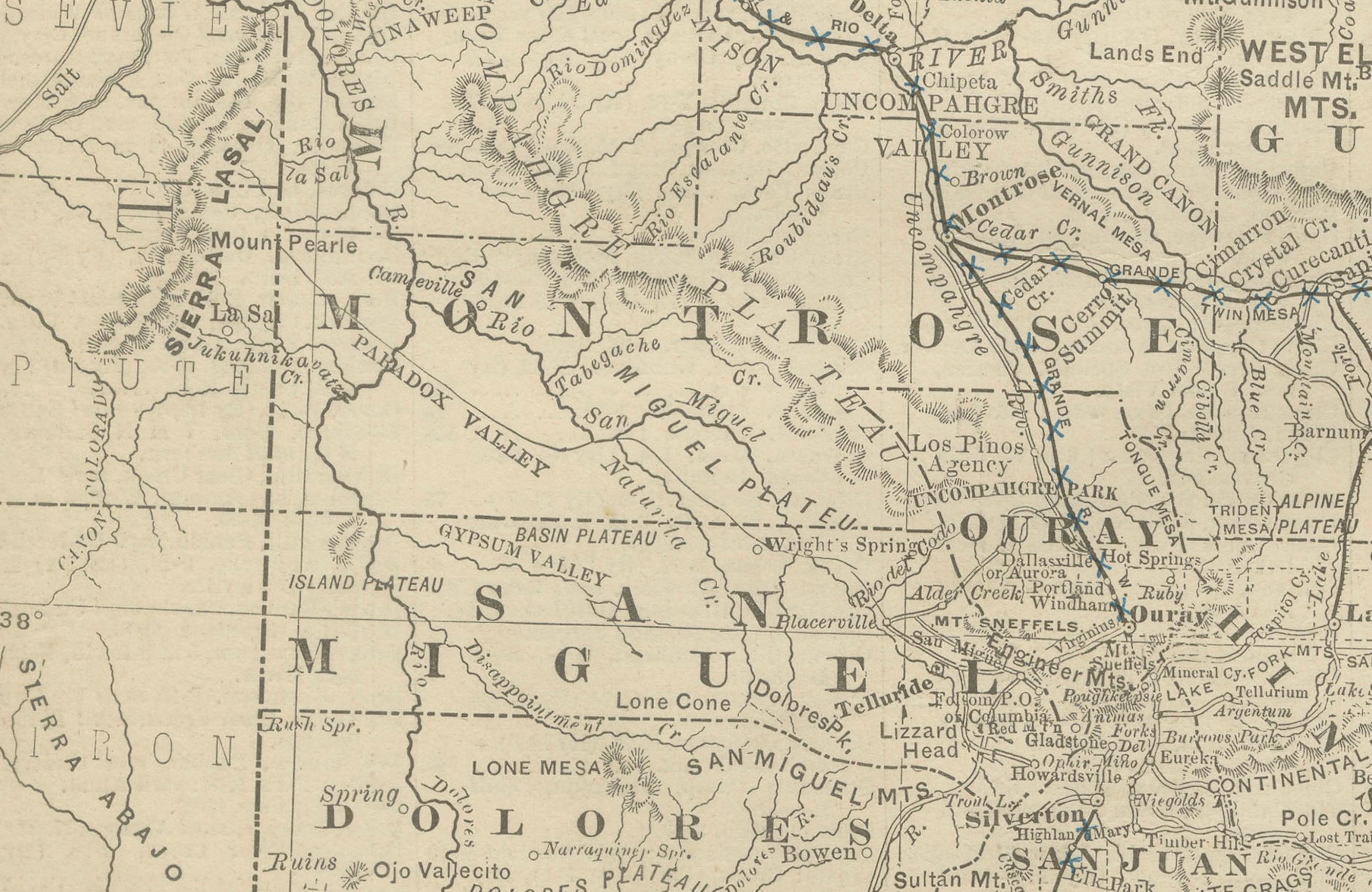 XIX secolo Carta del Colorado del 1888 - Ferrovie, miniere e contee dello Stato del Centenario in vendita