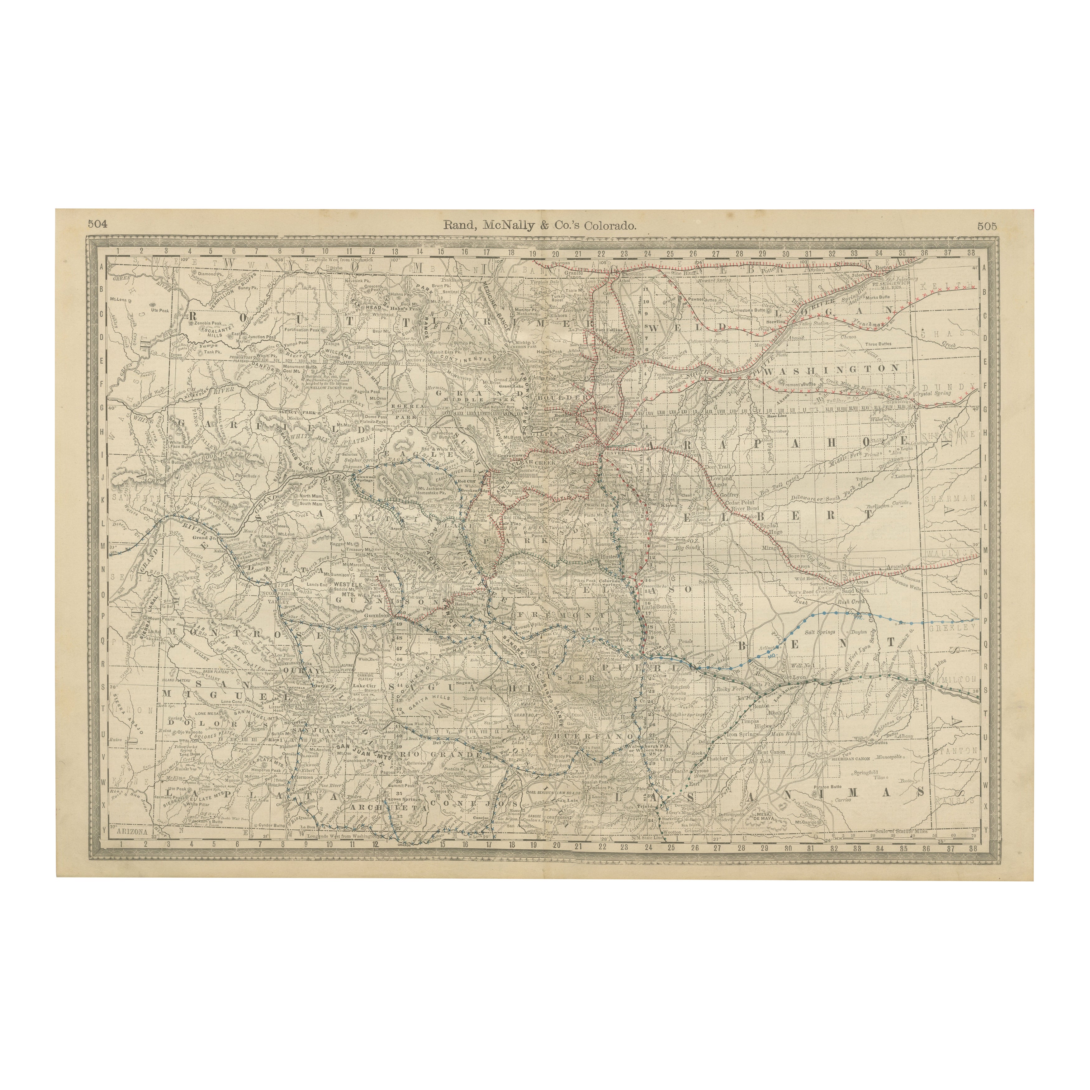 Carta del Colorado del 1888 - Ferrovie, miniere e contee dello Stato del Centenario
