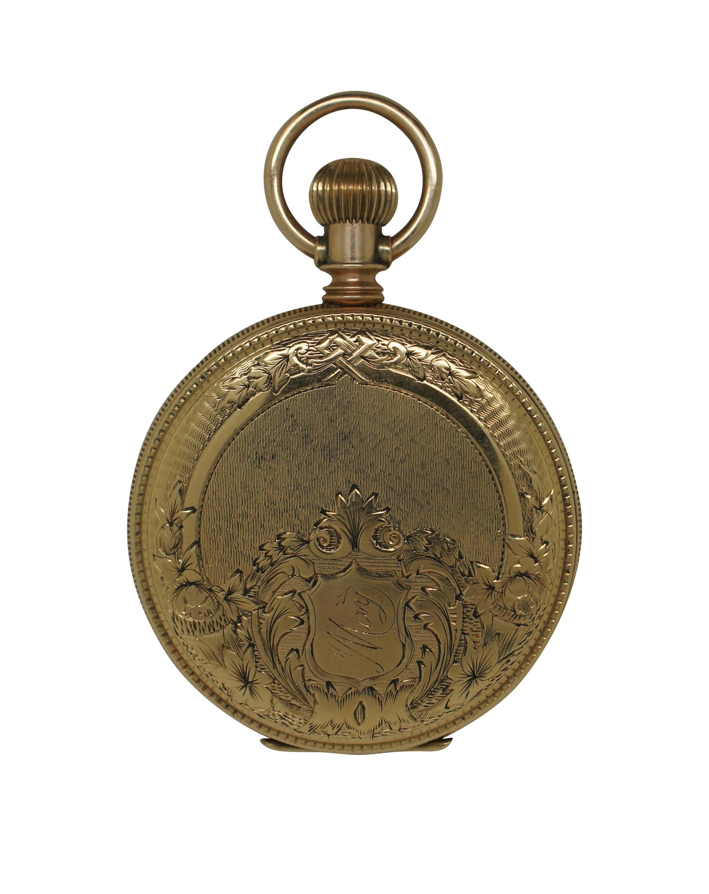 Antique late 1880’s pocket watch by Elgin National Watch Company. White porcelain face with black Roman numerals; second counting sub-dial with Arabic numerals. Case etched with an art nouveau foliate motif around a pair of rabbits on one side and