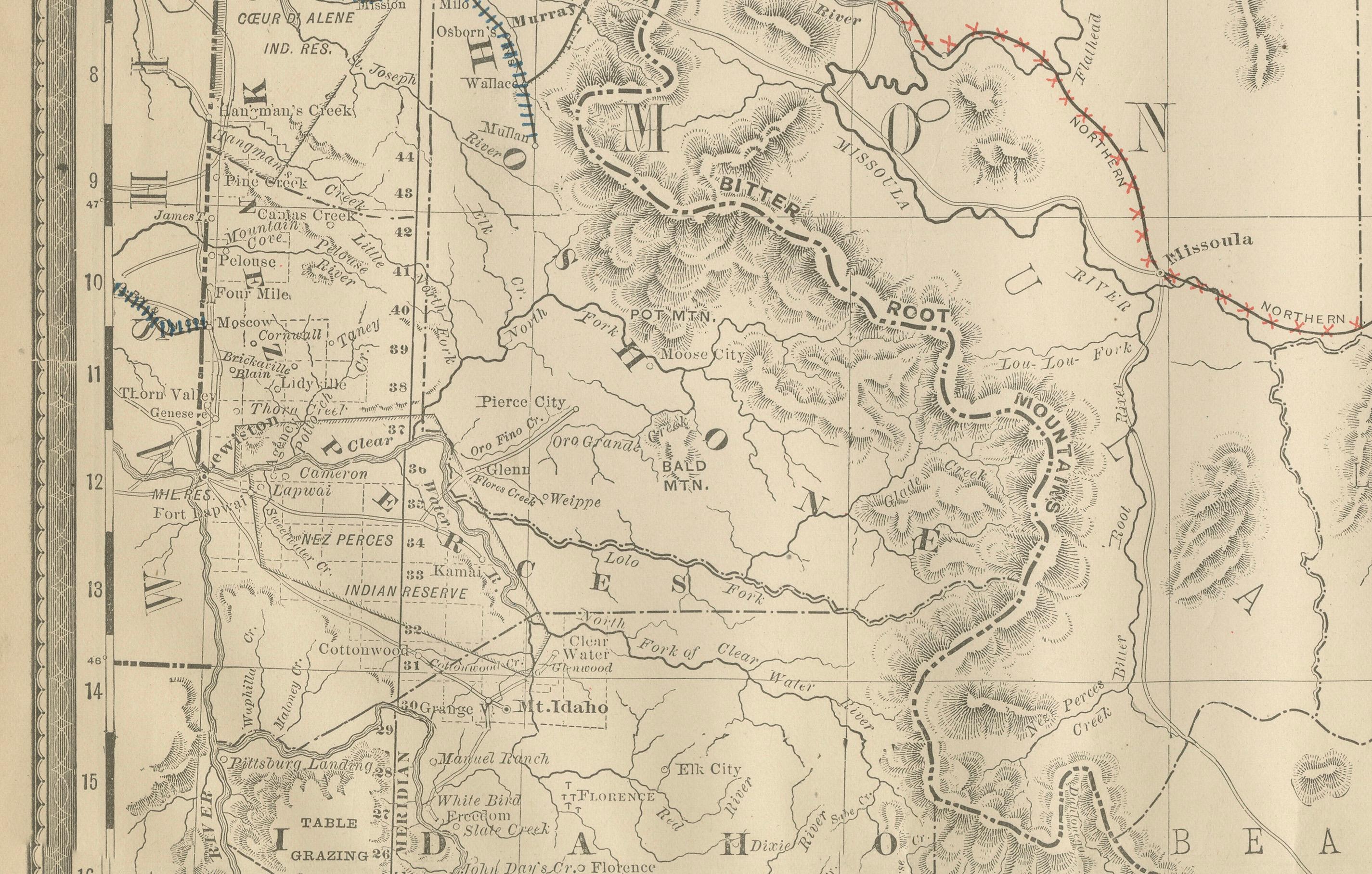 Americano Mappa dell'Idaho del 1888 - Ferrovie, campi minerari e contee dello Stato delle Gemme in vendita