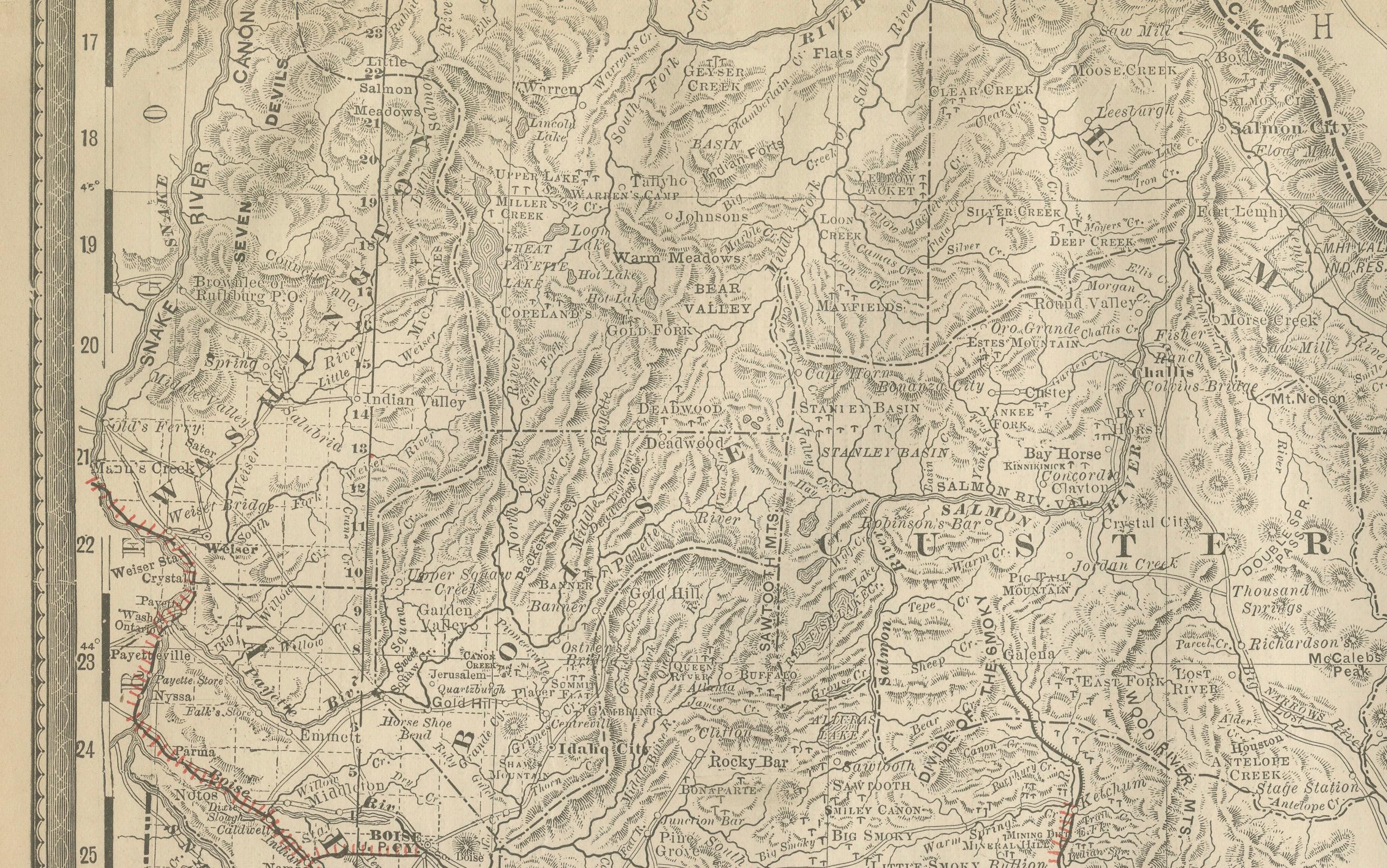 Inciso Mappa dell'Idaho del 1888 - Ferrovie, campi minerari e contee dello Stato delle Gemme in vendita
