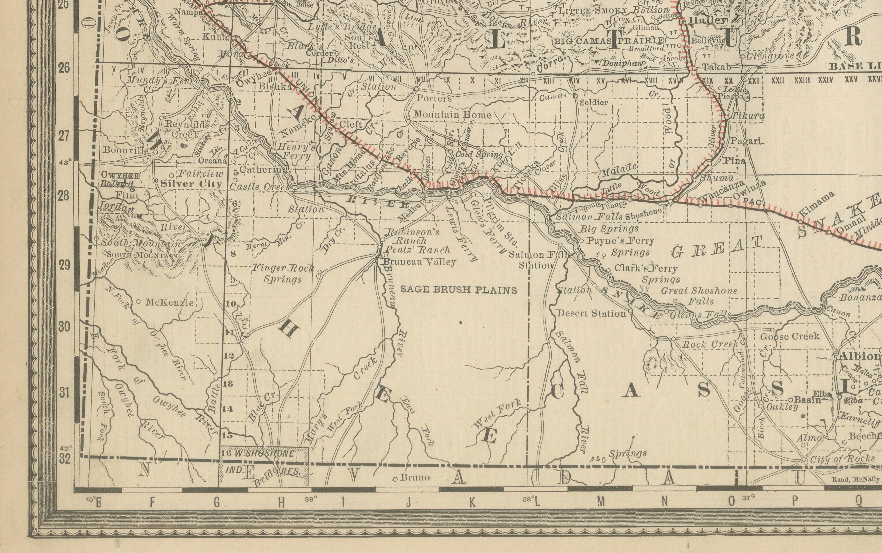 Mappa dell'Idaho del 1888 - Ferrovie, campi minerari e contee dello Stato delle Gemme In condizioni buone in vendita a Langweer, NL