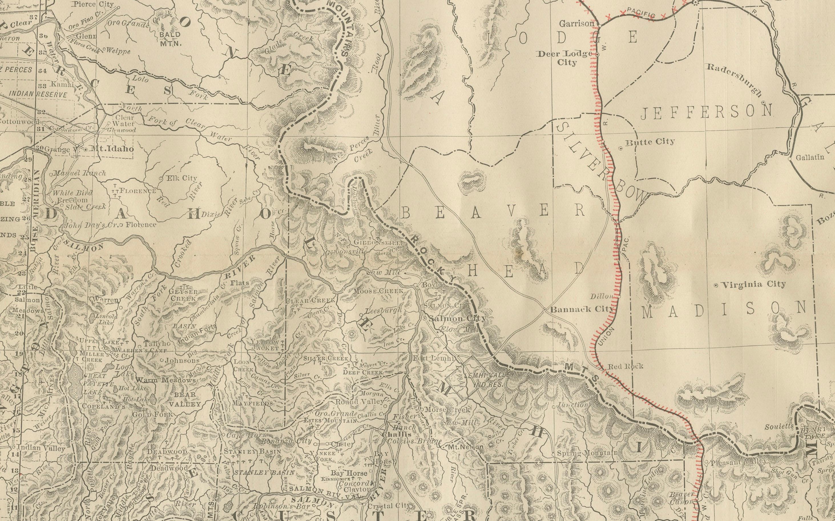 Carta Mappa dell'Idaho del 1888 - Ferrovie, campi minerari e contee dello Stato delle Gemme in vendita