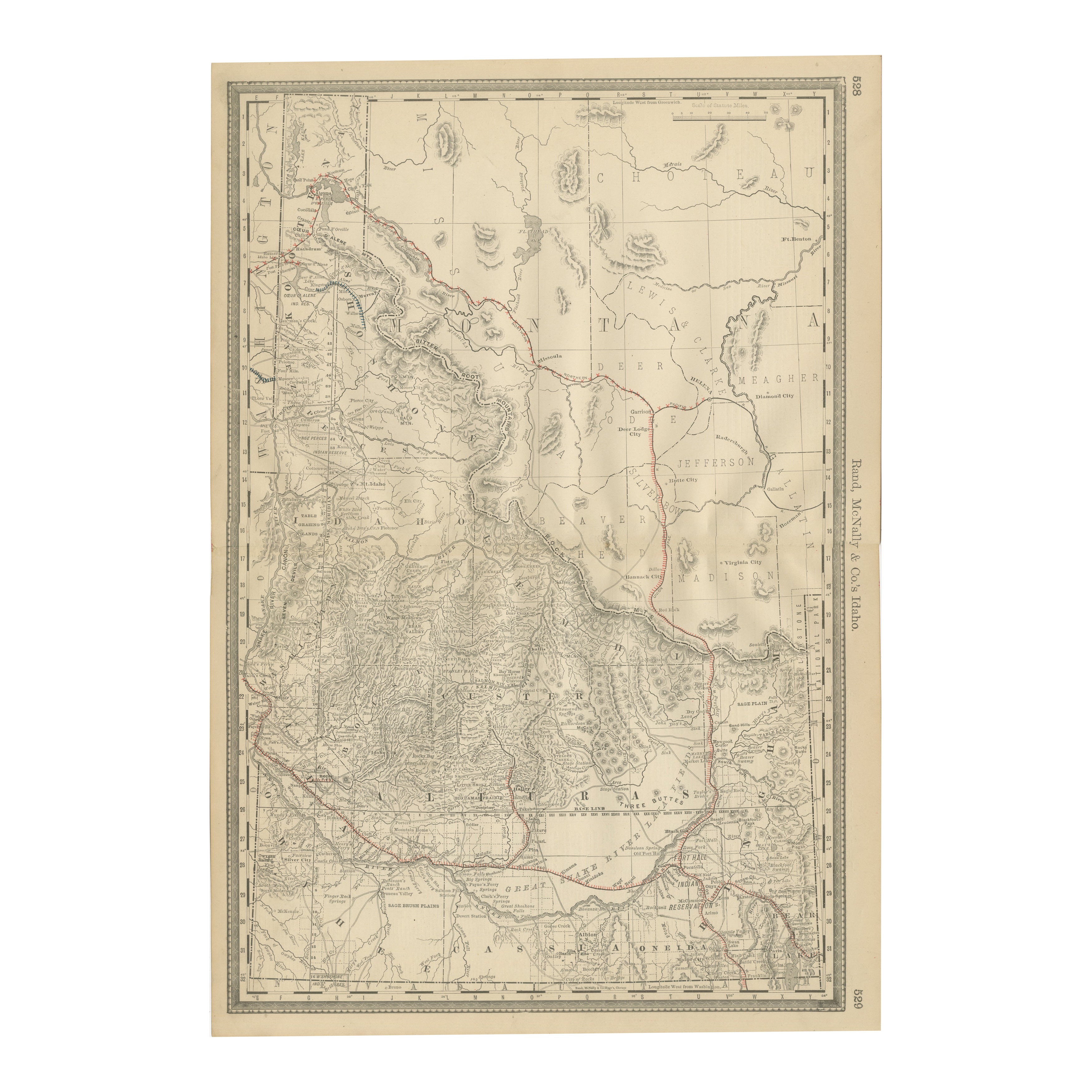 Mappa dell'Idaho del 1888 - Ferrovie, campi minerari e contee dello Stato delle Gemme
