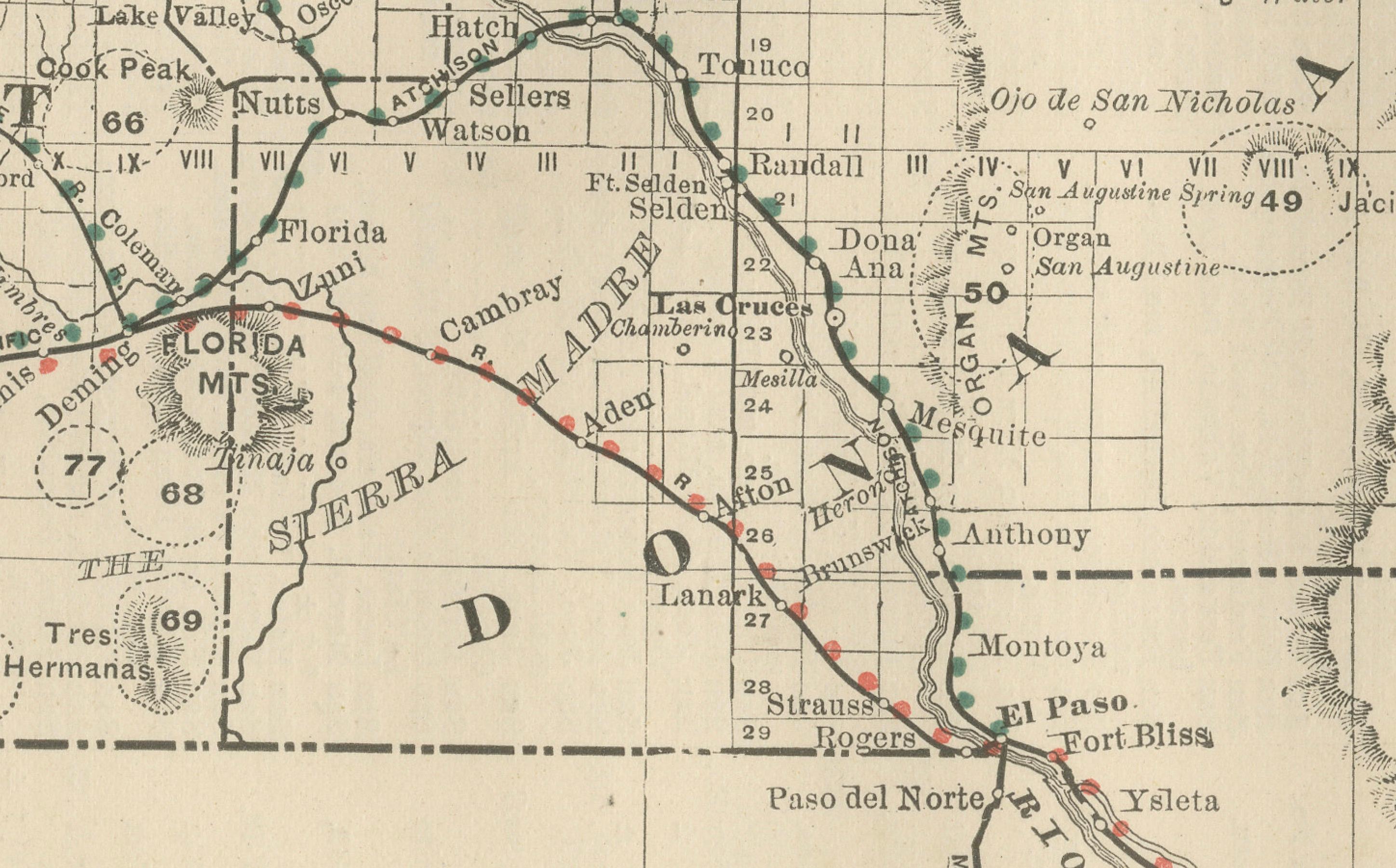 Mappa antica del Nuovo Messico - Ferrovie, contee e insediamenti di frontiera, 1888

Questa antica mappa incisa raffigura il Territorio del Nuovo Messico nel 1888, incisa e pubblicata da Rand, McNally & Co. di Chicago per il loro Improved Indexed