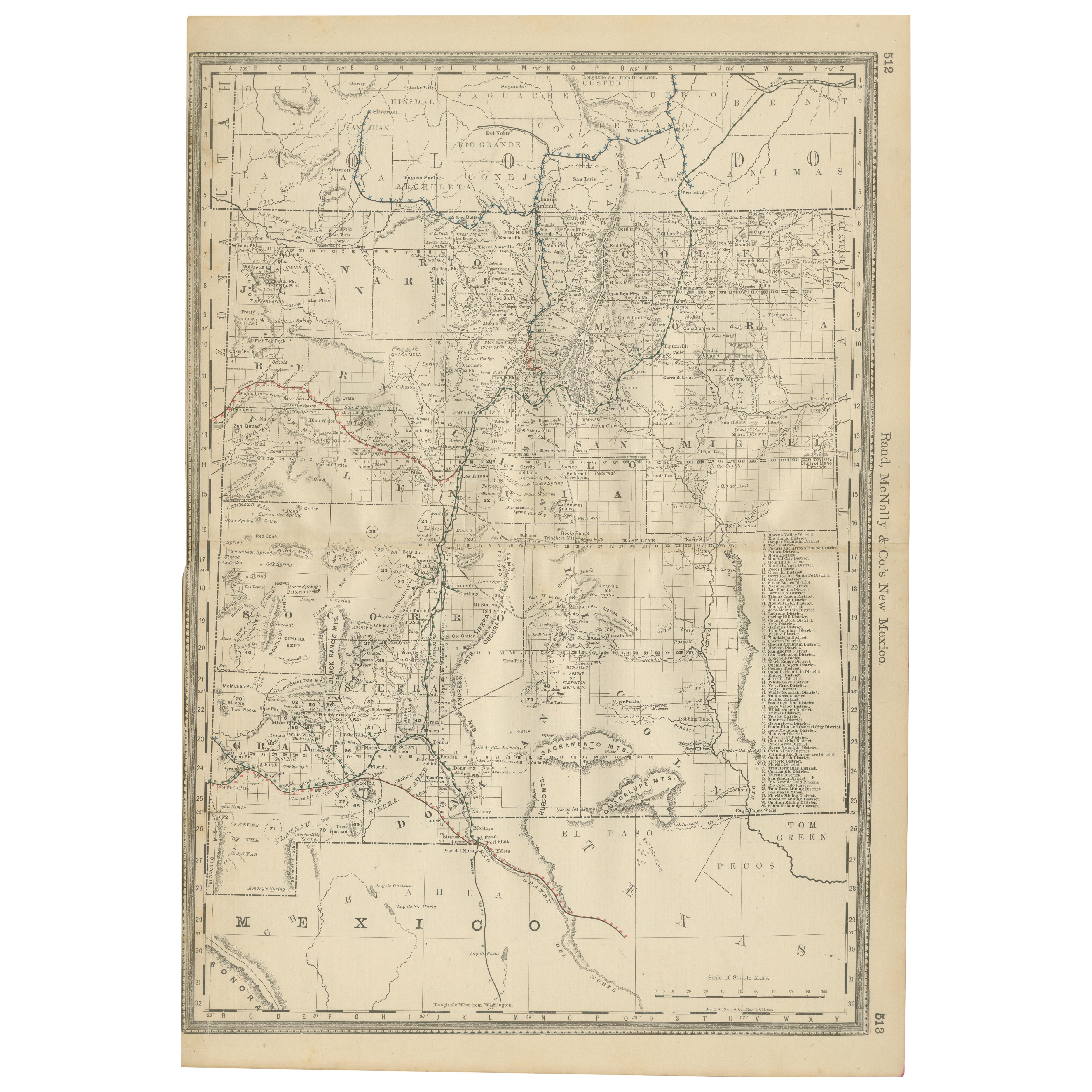 Mappa del New Mexico del 1888 - Ferrovie, contee e la terra dell'incanto