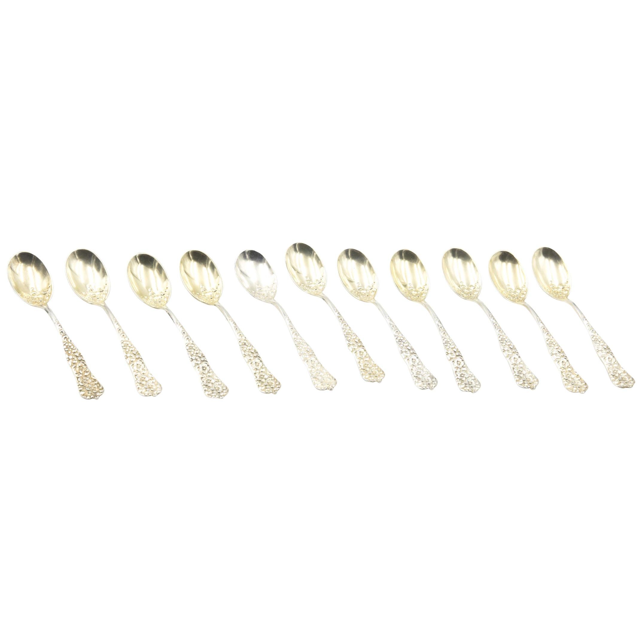 1888 Sterling Rococo Demitasse Spoons Crowell Bailey Banks & Biddle, Set of 11 For Sale