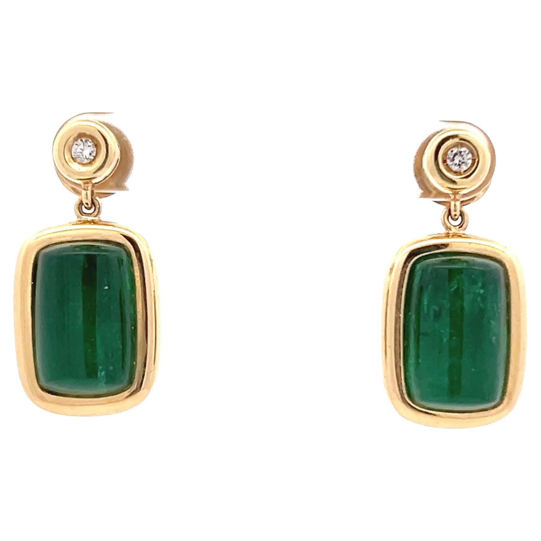 18.88 tcw Cabochon Emeraude & Diamant Boucles d'oreilles pendantes en or jaune 18k