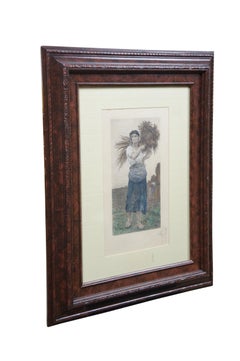 1888 The Gleaner Antique Hand Colored Harvest Etching by Jules Breton Framed 21"
