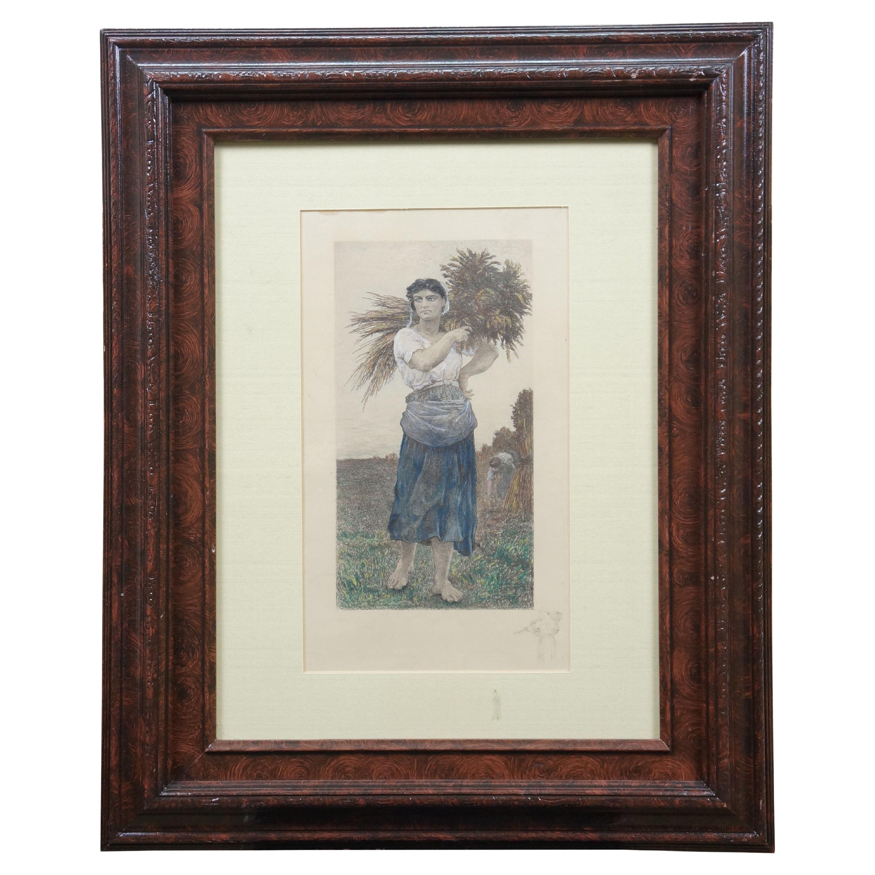 1888 The Gleaner Antique Hand Colored Harvest Etching by Jules Breton Framed 21"
