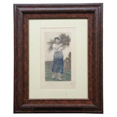 1888 The Gleaner Antique Hand Colored Harvest Etching by Jules Breton Framed 21"