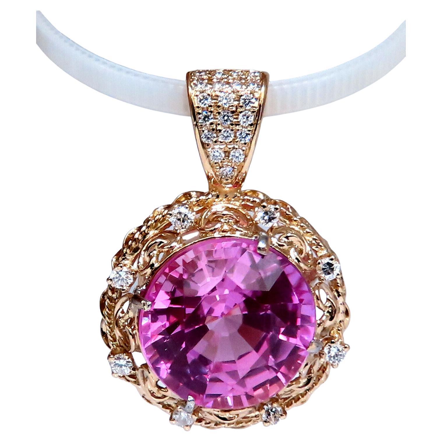 18.88ct Lab Pink Sapphire Diamonds Pendant 14kt For Sale