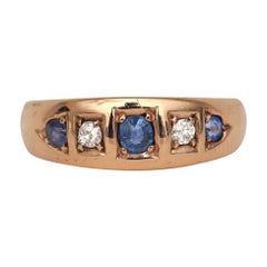 1889 British Victorian 15 Karat Gold Hand Set Antique Diamond and Sapphire Ring