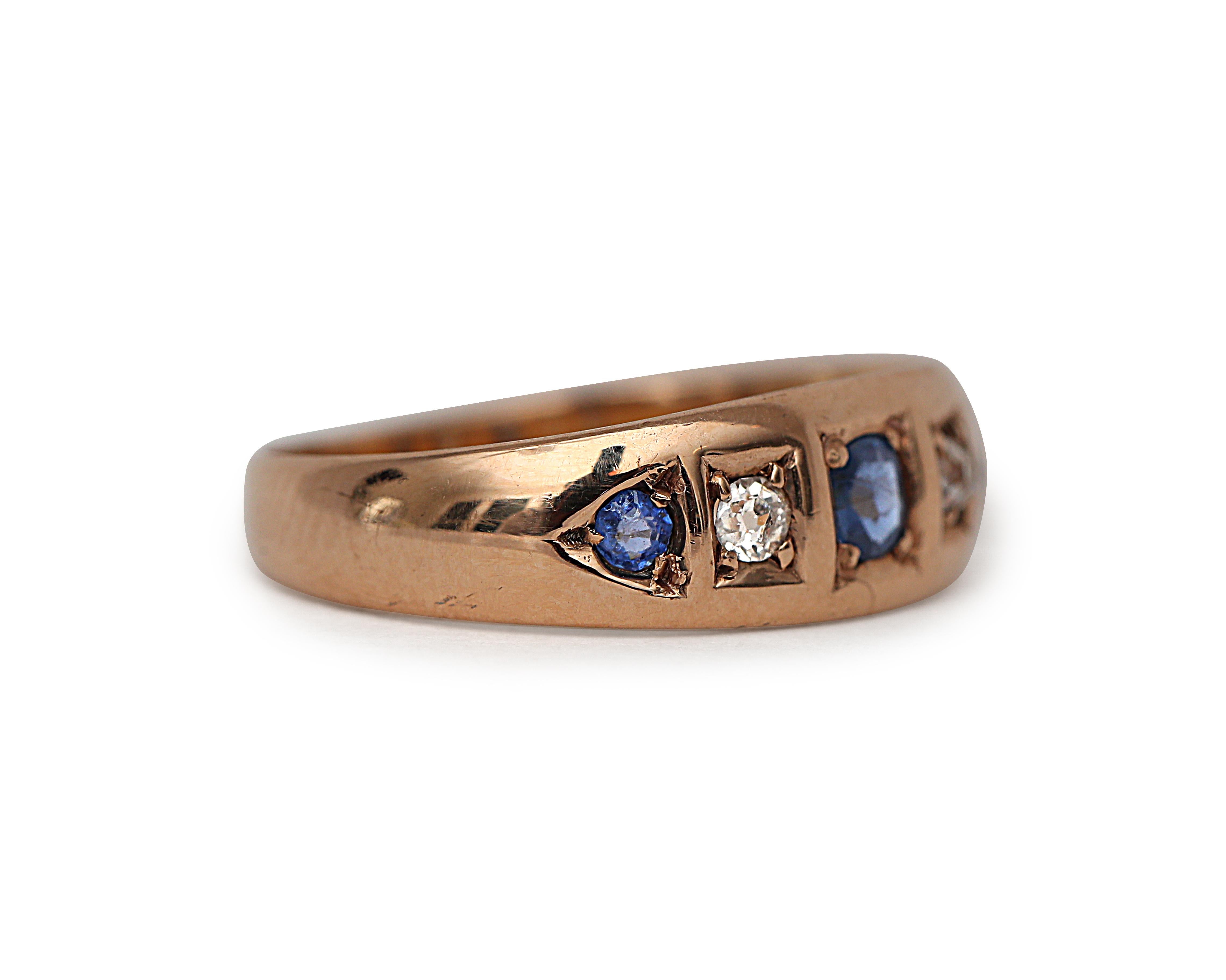 Women's 1889 British Victorian 15 Karat Gold Hand Set Antique Diamond and Sapphire Ring