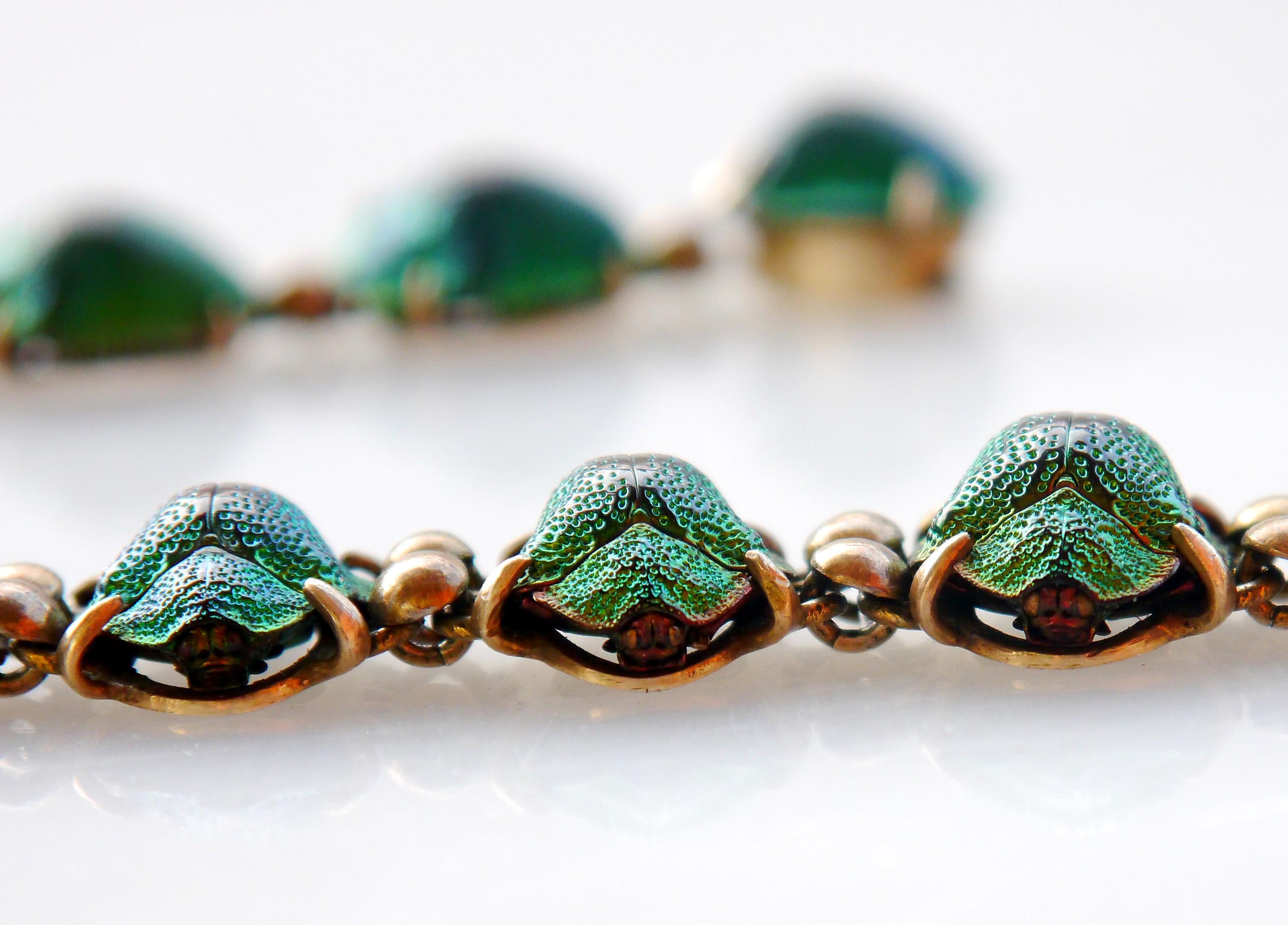 1889 Nordic Necklace Egyptian Revival 30 Scarab Beetle Gilt Silver / 50cm/ 27gr For Sale 8