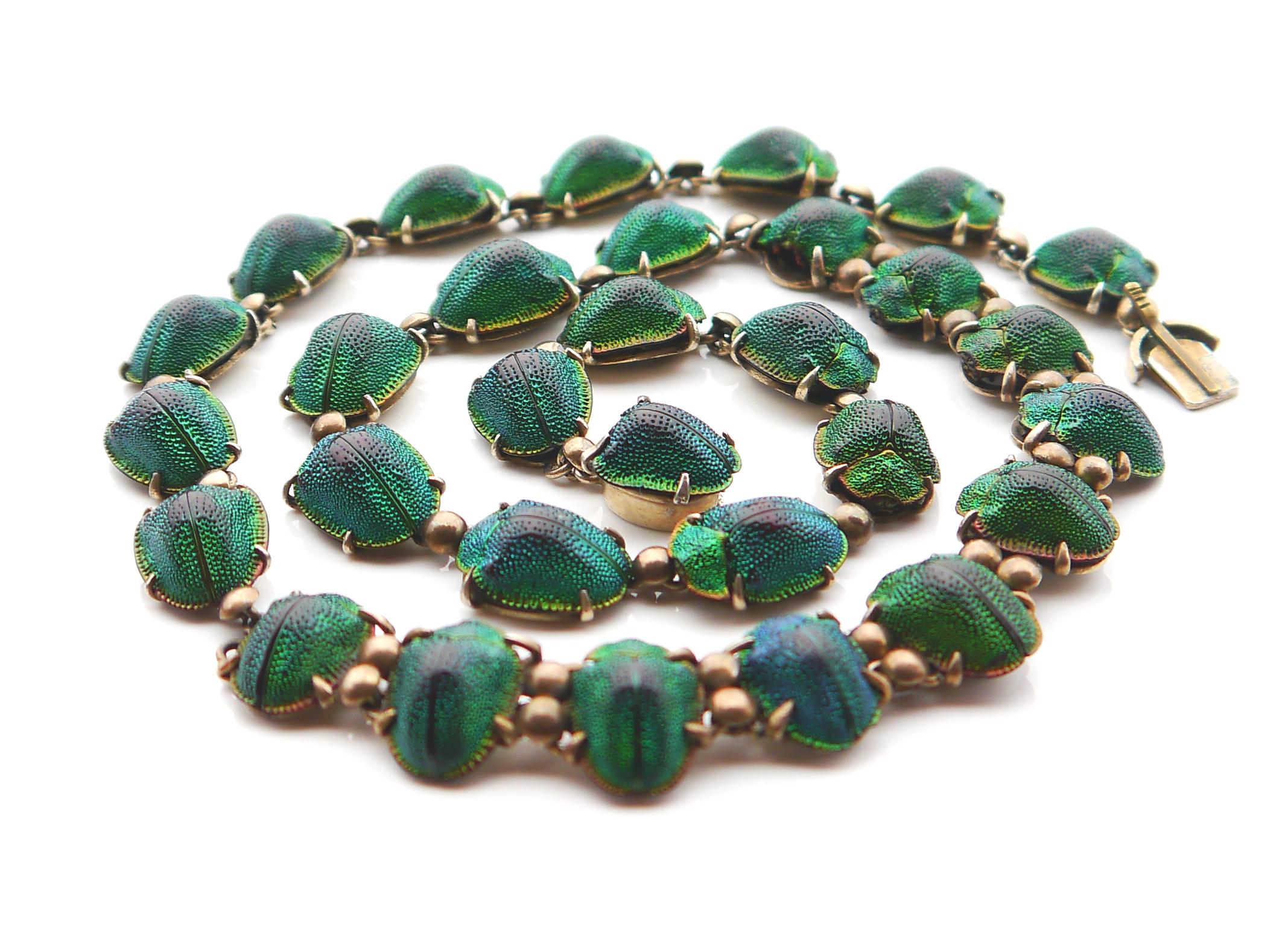 Women's 1889 Nordic Necklace Egyptian Revival 30 Scarab Beetle Gilt Silver / 50cm/ 27gr For Sale
