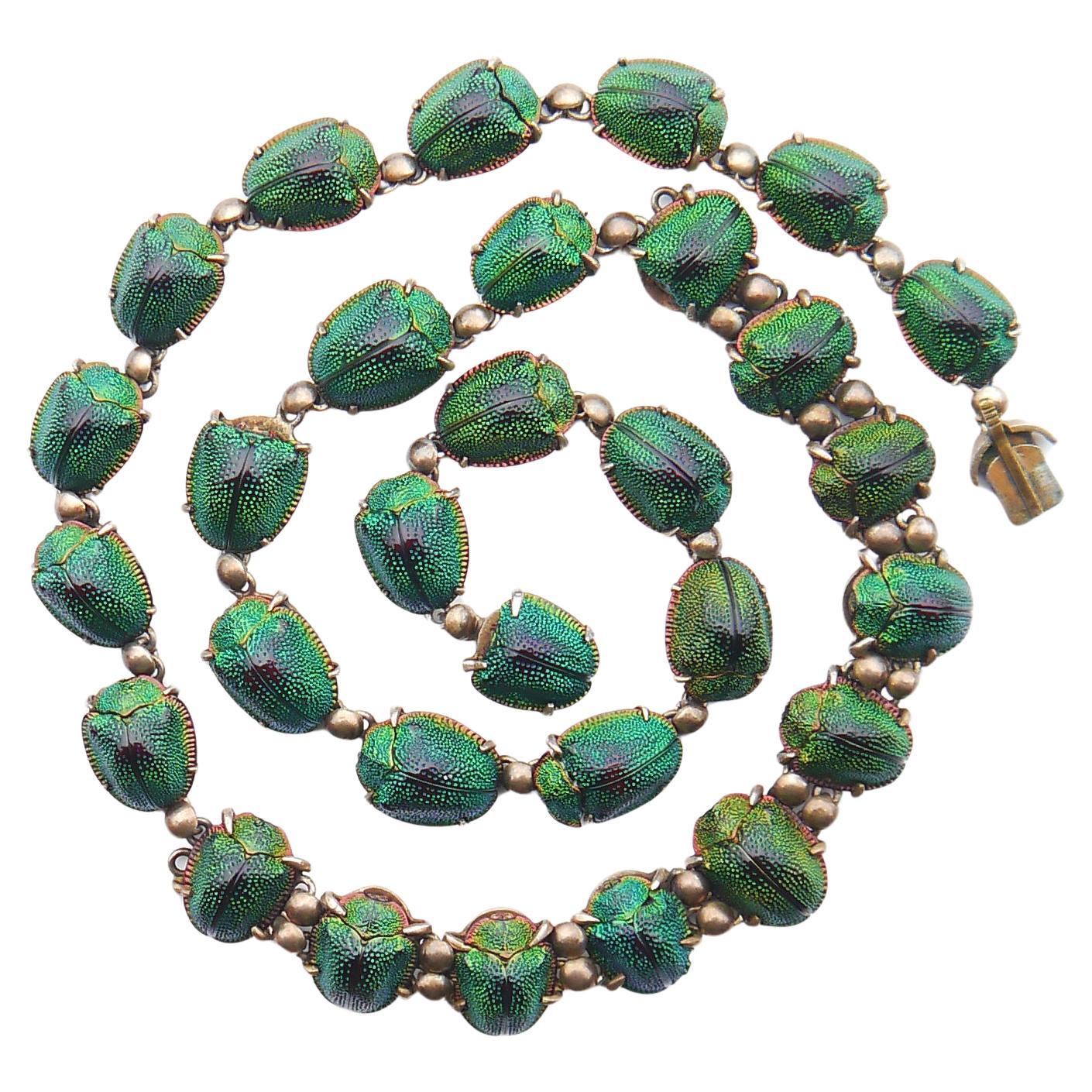 1889 Nordic Necklace Egyptian Revival 30 Scarab Beetle Gilt Silver / 50cm/ 27gr For Sale