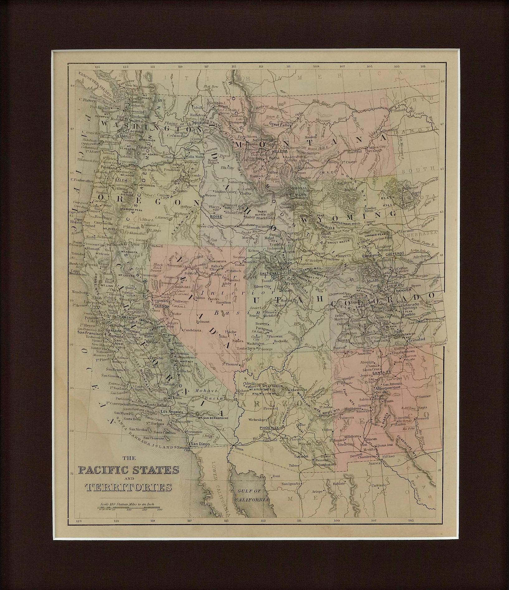 Presented is an uncommon 1889 map of the western United States, titled “The Pacific States and Territories.” The vertical map depicts the Western states at the time: Washington, Oregon, California, Montana, Idaho, Wyoming, Utah, Colorado, Arizona,