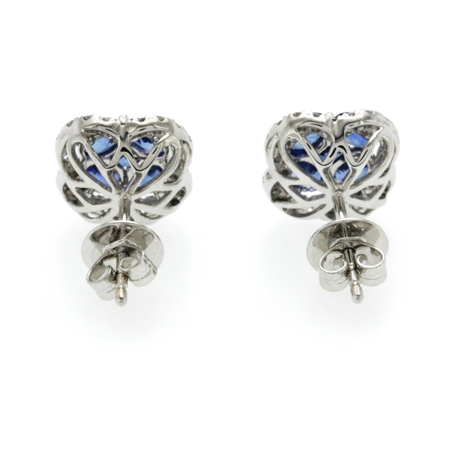 Round Cut 1.88ct Blue Sapphire 0.34 Carat Diamonds 18k Gold Stud Four Leaf Clover Earrings For Sale