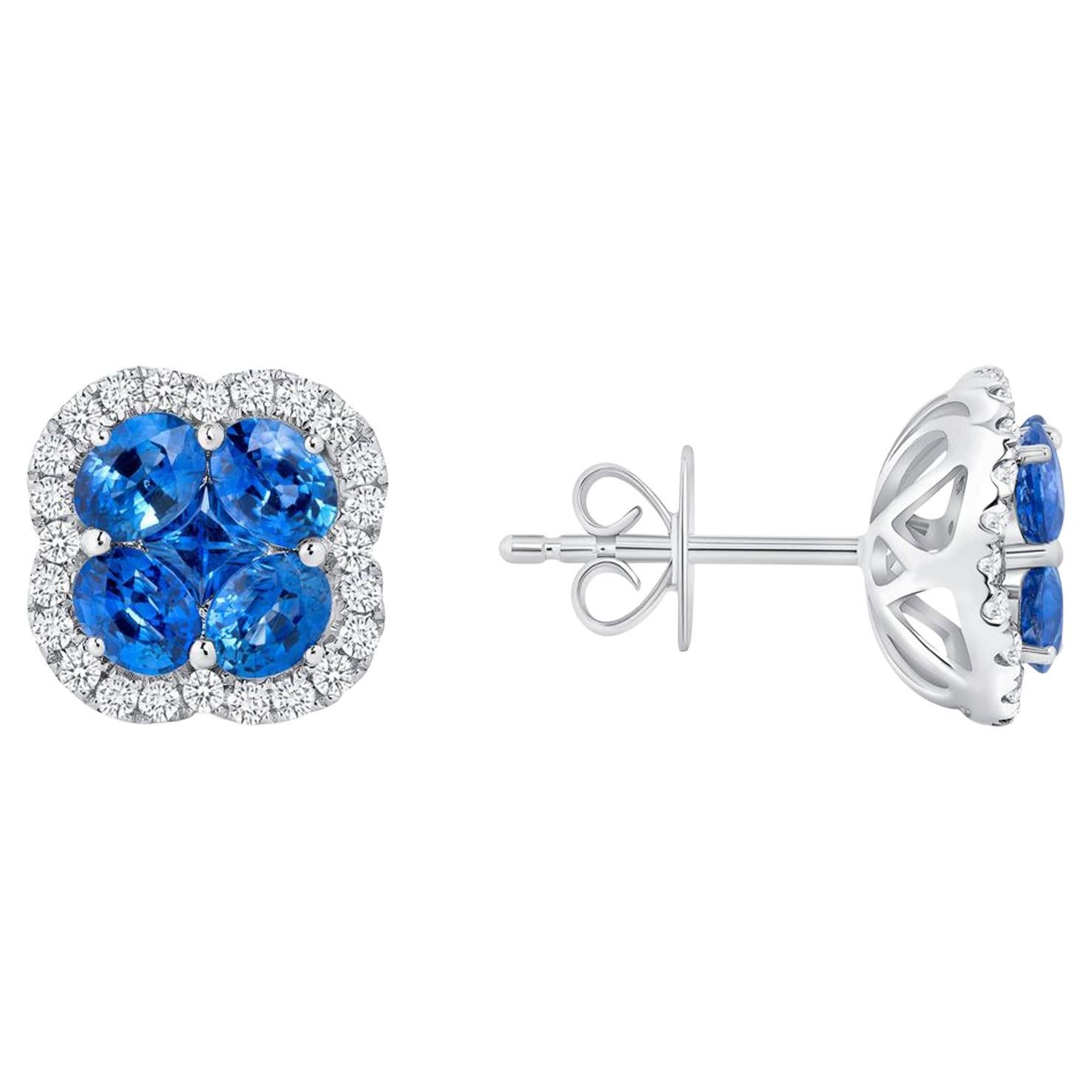 1.88ct Blue Sapphire 0.34 Carat Diamonds 18k Gold Stud Four Leaf Clover Earrings For Sale
