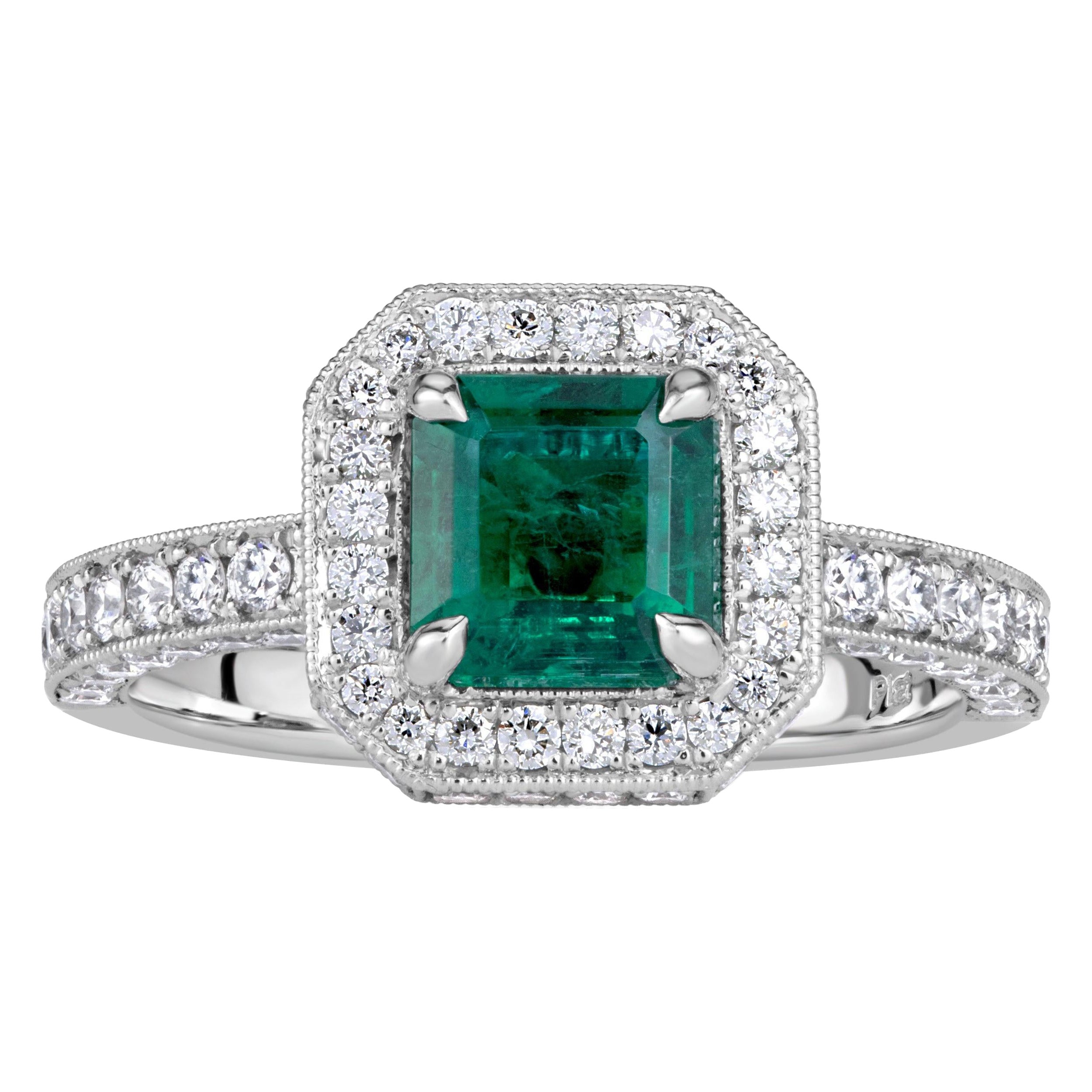 1.88ct Emerald Cut Green Emerald Engagement Ring For Sale