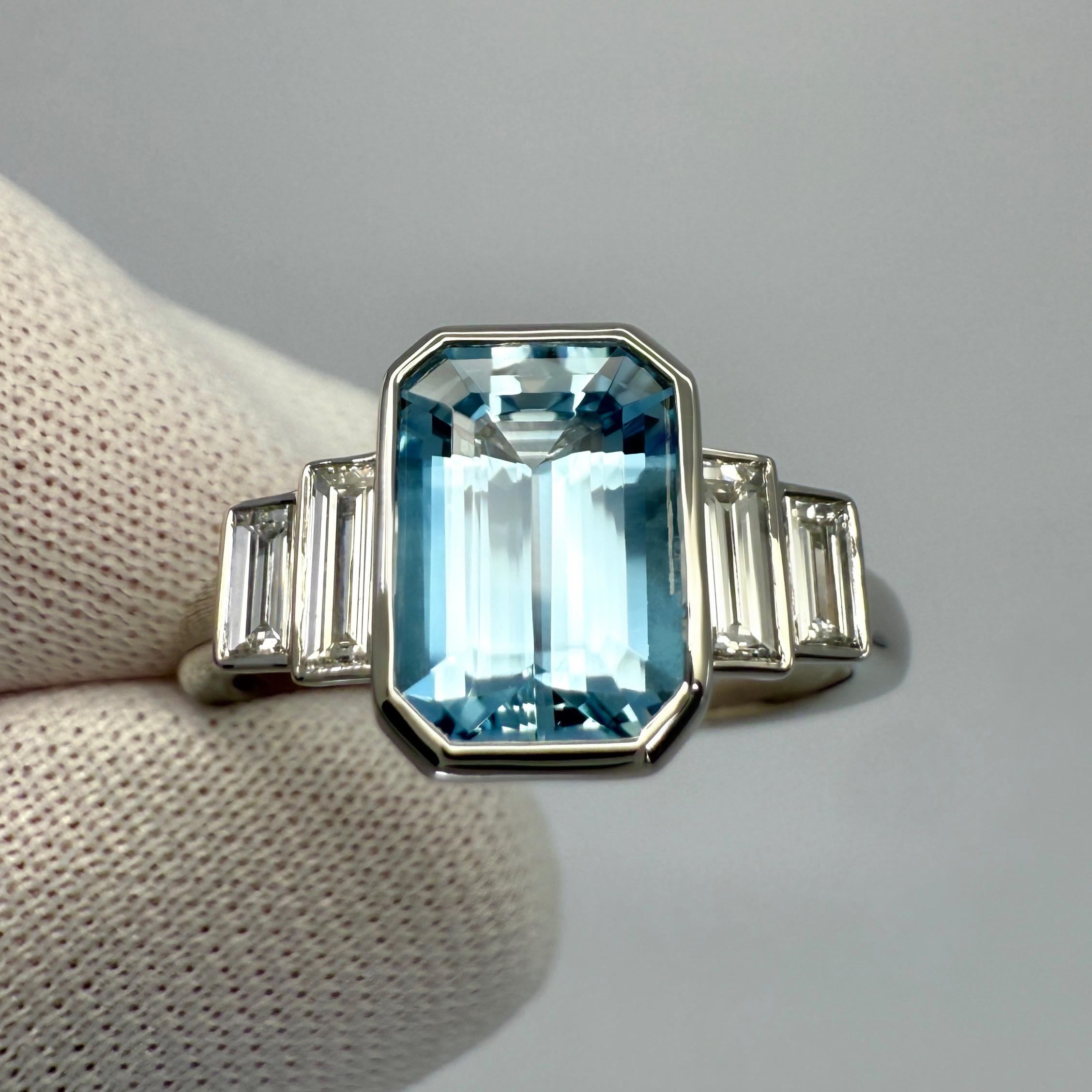 Women's or Men's 1.88ct Fine Blue Emerald Cut Aquamarine And Diamond Art Deco Platinum Ring For Sale