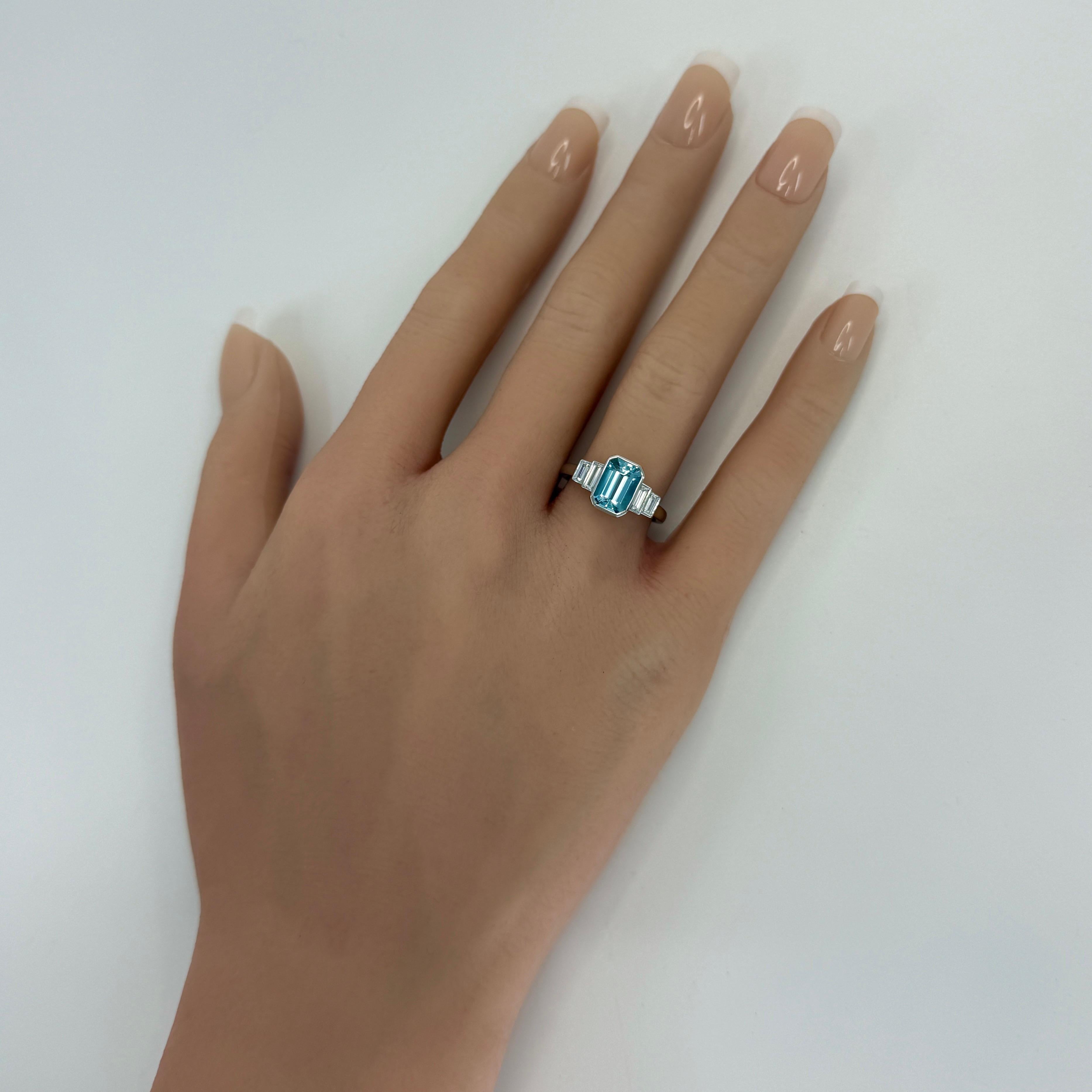 1.88ct Fine Blue Emerald Cut Aquamarine And Diamond Art Deco Platinum Ring For Sale 3