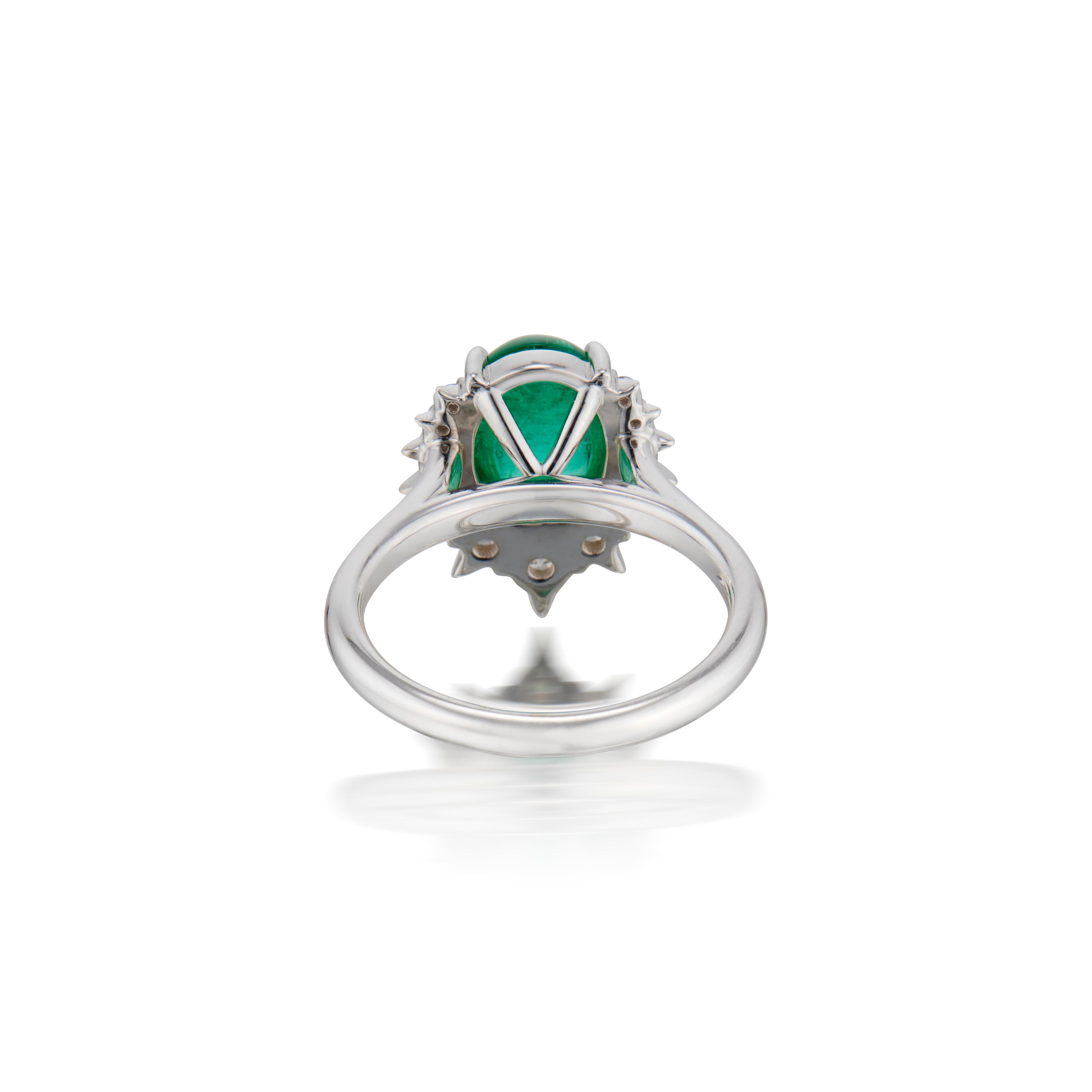 - 18ct White Gold - 4.8g
- Oval Cabochon Muzo Colombian Emerald 1.88ct
- 13 x Round Brilliant Cut Diamonds F-VS Approx 0.36ct
- Finger Size (Australian 'K') - (US 5.1/4)
- Total Carat Weight Approx 2.24ct

A fine quality oval cabochon emerald