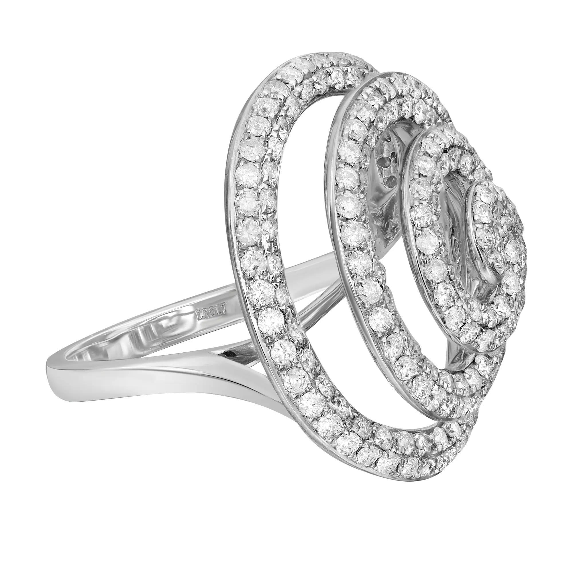 This bold and beautiful cocktail ring features pave set round cut diamonds weighing 1.88 carats set in a spiral formation. Crafted in 14k white gold, this ring exudes understated style and elegance. Diamond color I and SI1 clarity. Ring size 7.5.