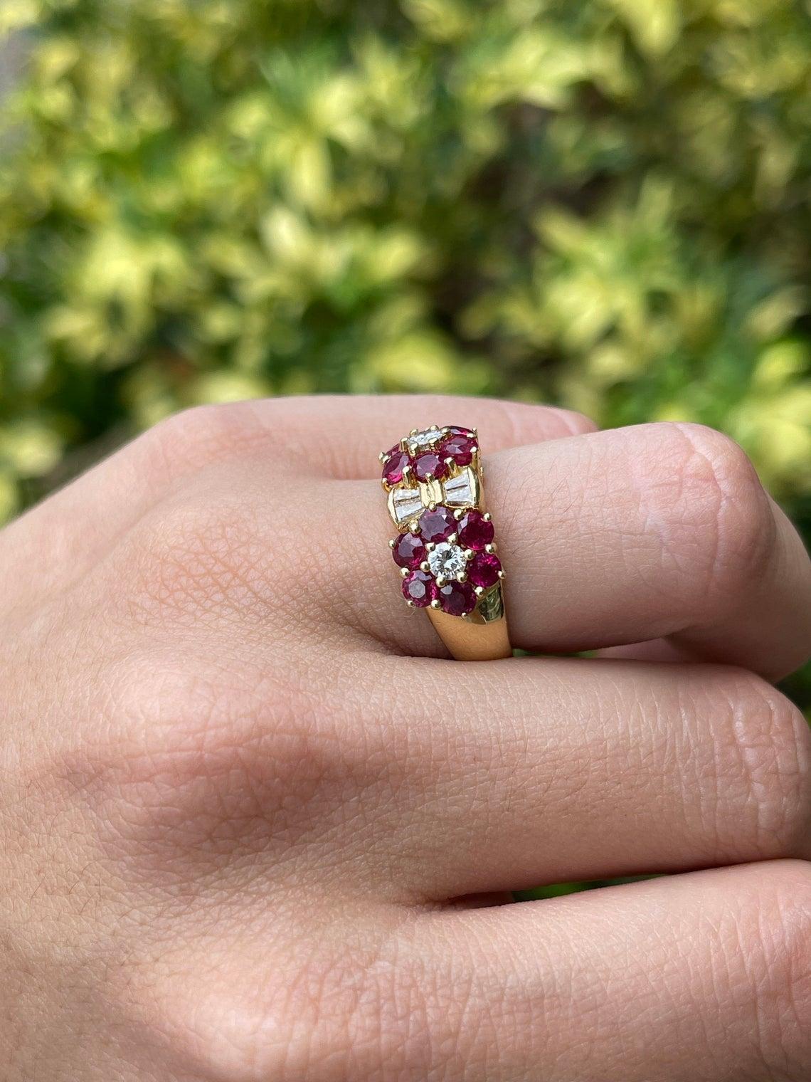 Art Deco 1.88tcw 18K Ruby & Diamond Wide Band Cluster Ring For Sale