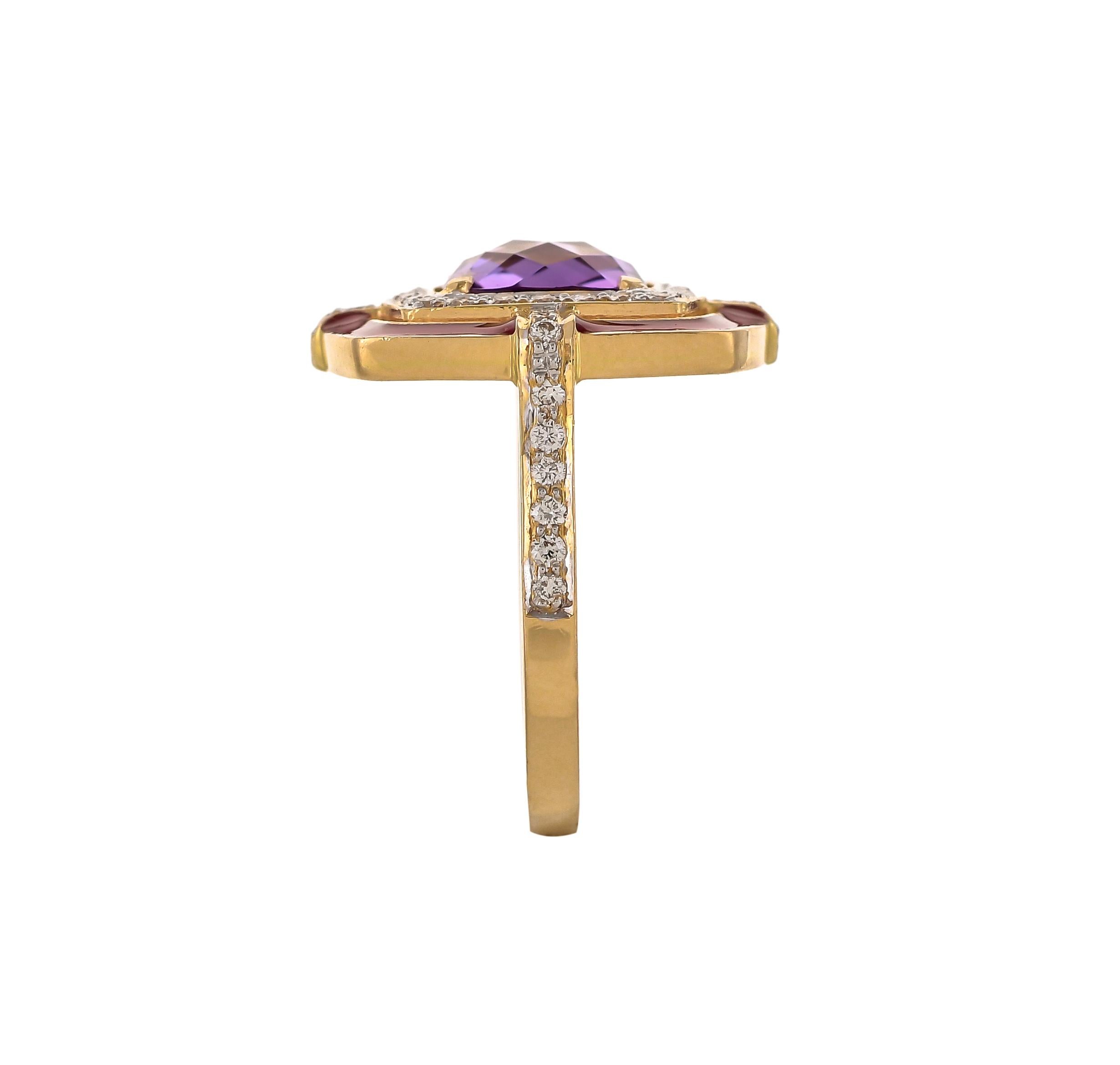 Modern 1.89 Carat Amethyst Cushion Briolette Diamond Enamel 18 Karat Yellow Gold Ring For Sale