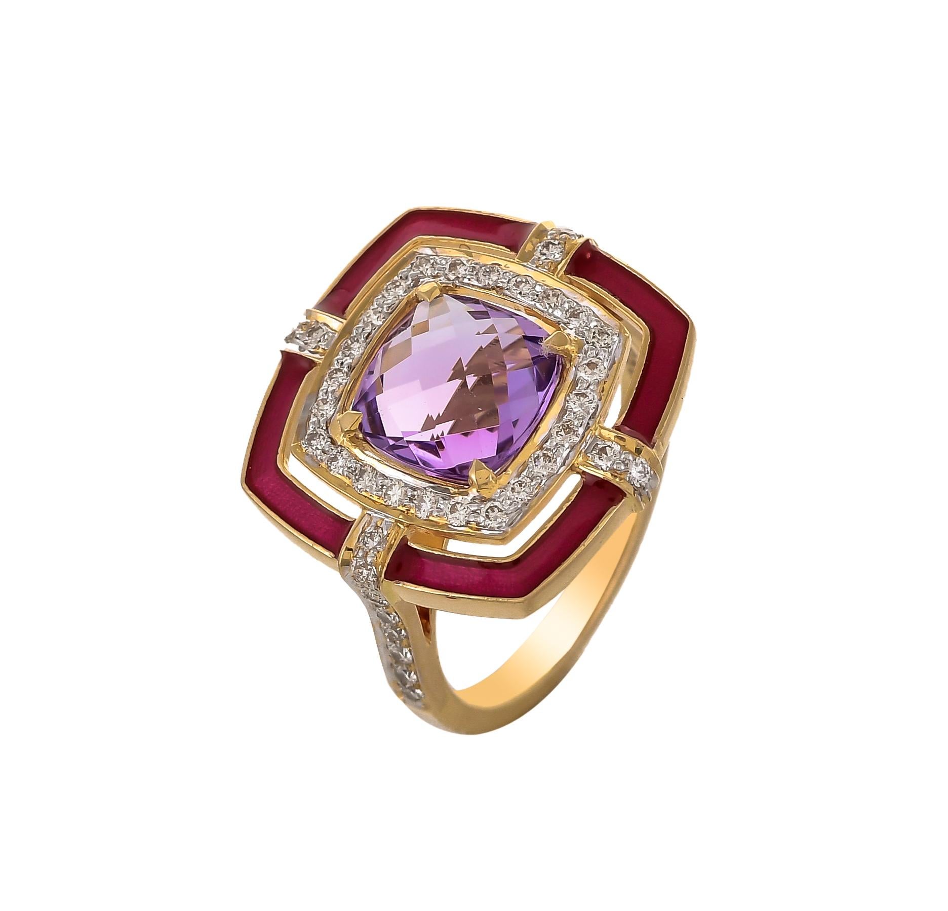 Cushion Cut 1.89 Carat Amethyst Cushion Briolette Diamond Enamel 18 Karat Yellow Gold Ring For Sale