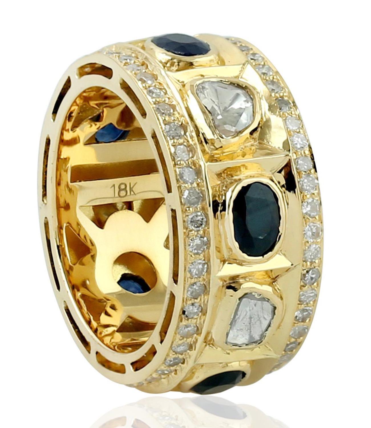 Rose Cut 1.89 Carat Blue Sapphire Diamond 18 Karat Gold Ring For Sale