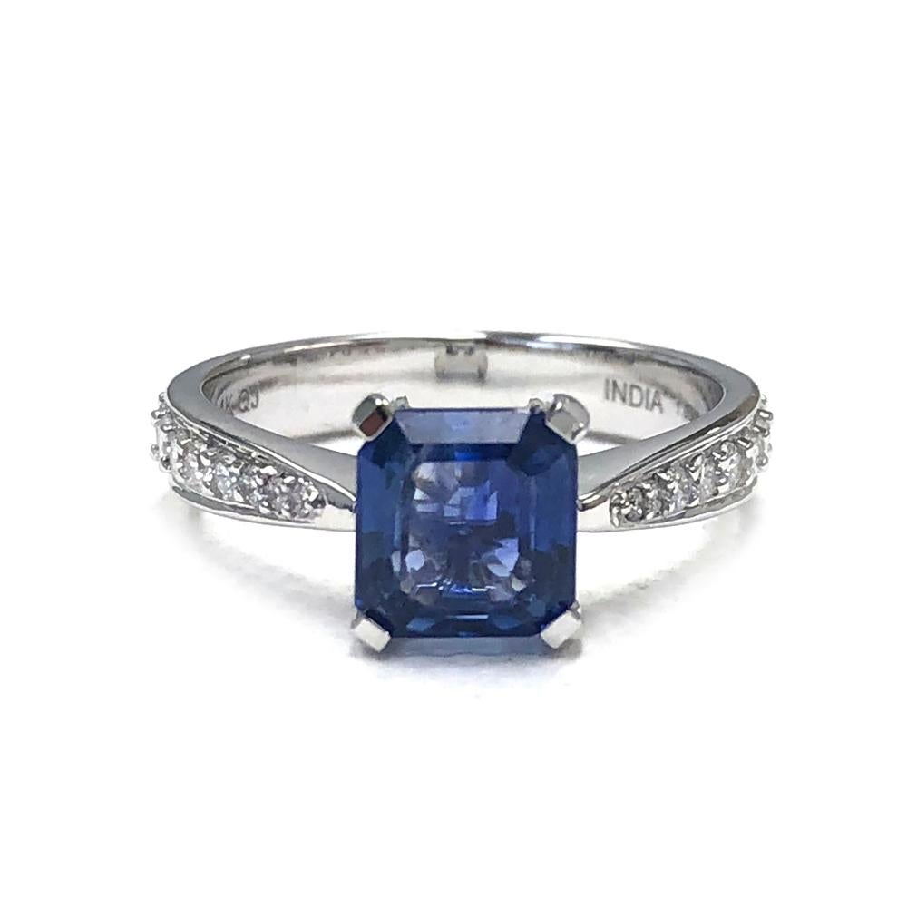 Emerald Cut 1.89 Carat Ceylon Blue Sapphire Diamond 14 Karat White Gold Solitaire Plus Ring