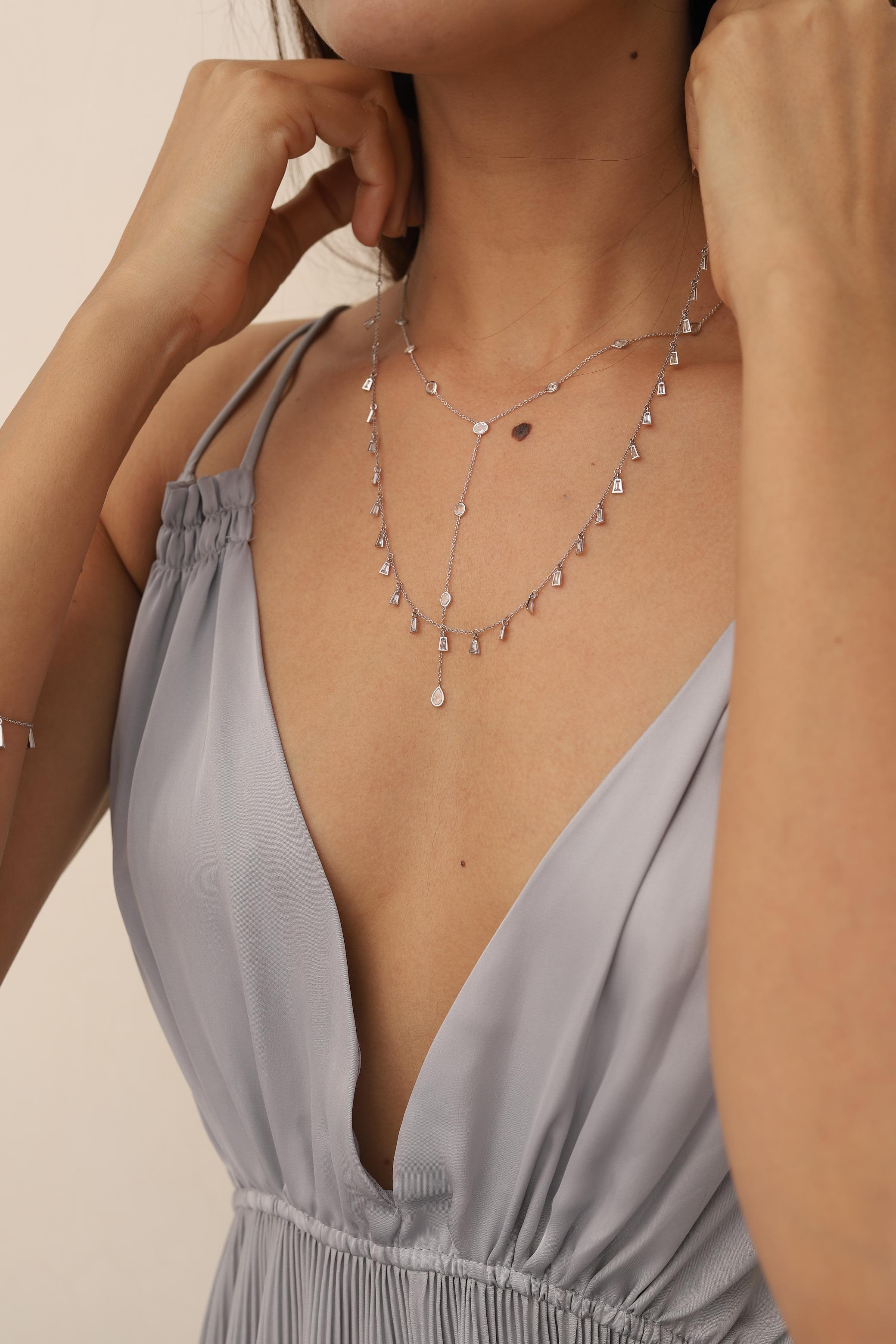 Baguette Cut 1.89 Carat Diamond Drop Chain Necklace in 18K White Gold  For Sale