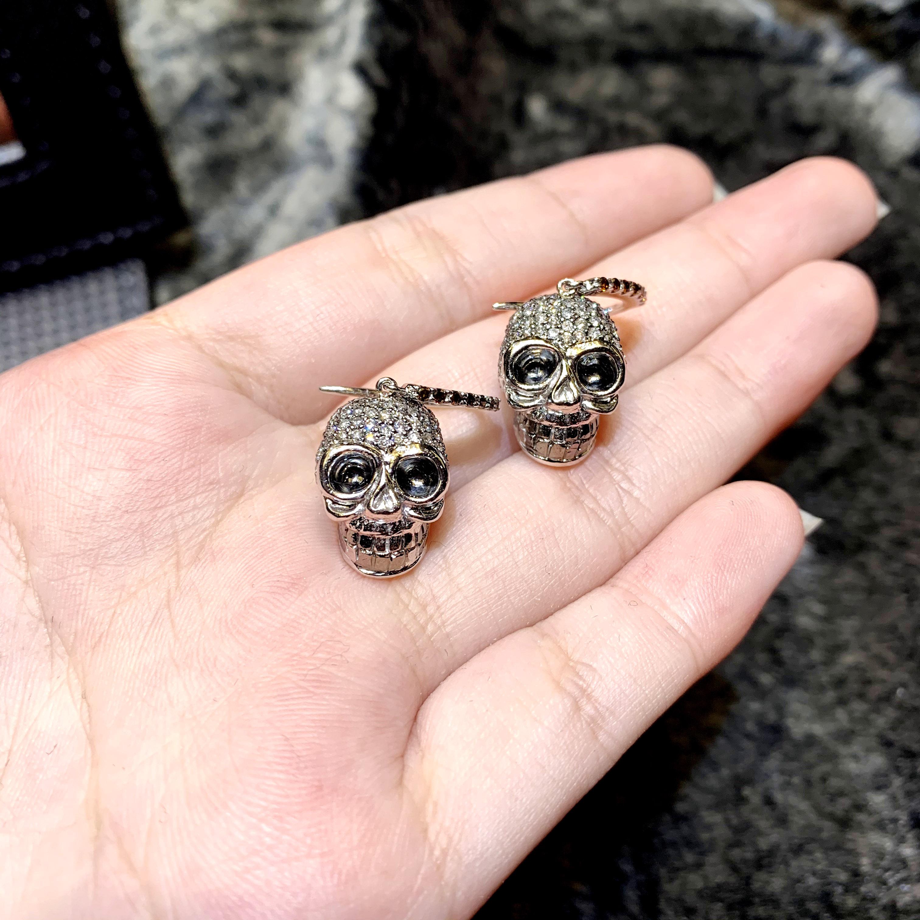 Round Cut 1.89 Carat Natural Fancy Color Diamond Skull Earring