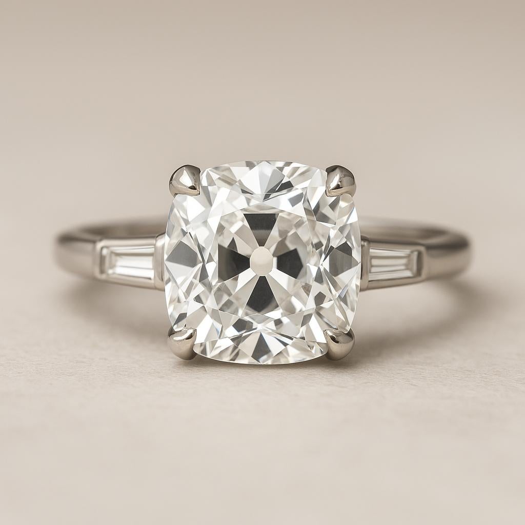Art Deco 1.89 Carat Old Mine Cut Diamond and Tapered Baguette Platinum Engagement Ring For Sale