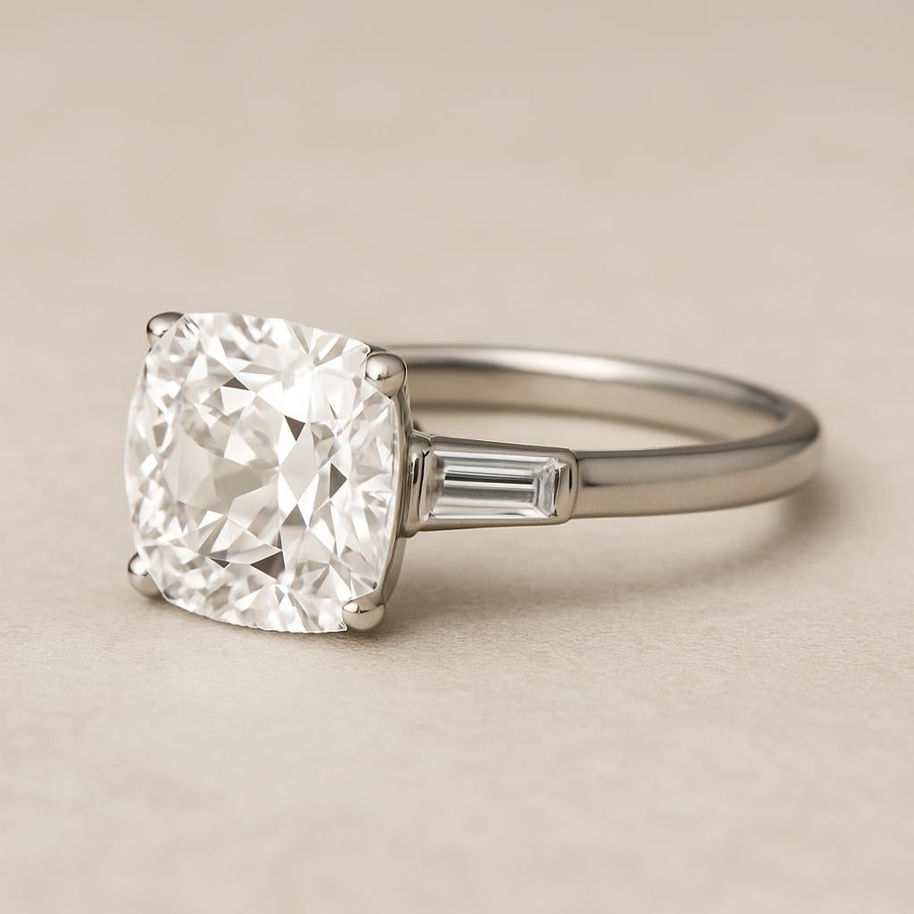 1.89 Carat Old Mine Cut Diamond and Tapered Baguette Platinum Engagement Ring In New Condition For Sale In Chicago, IL