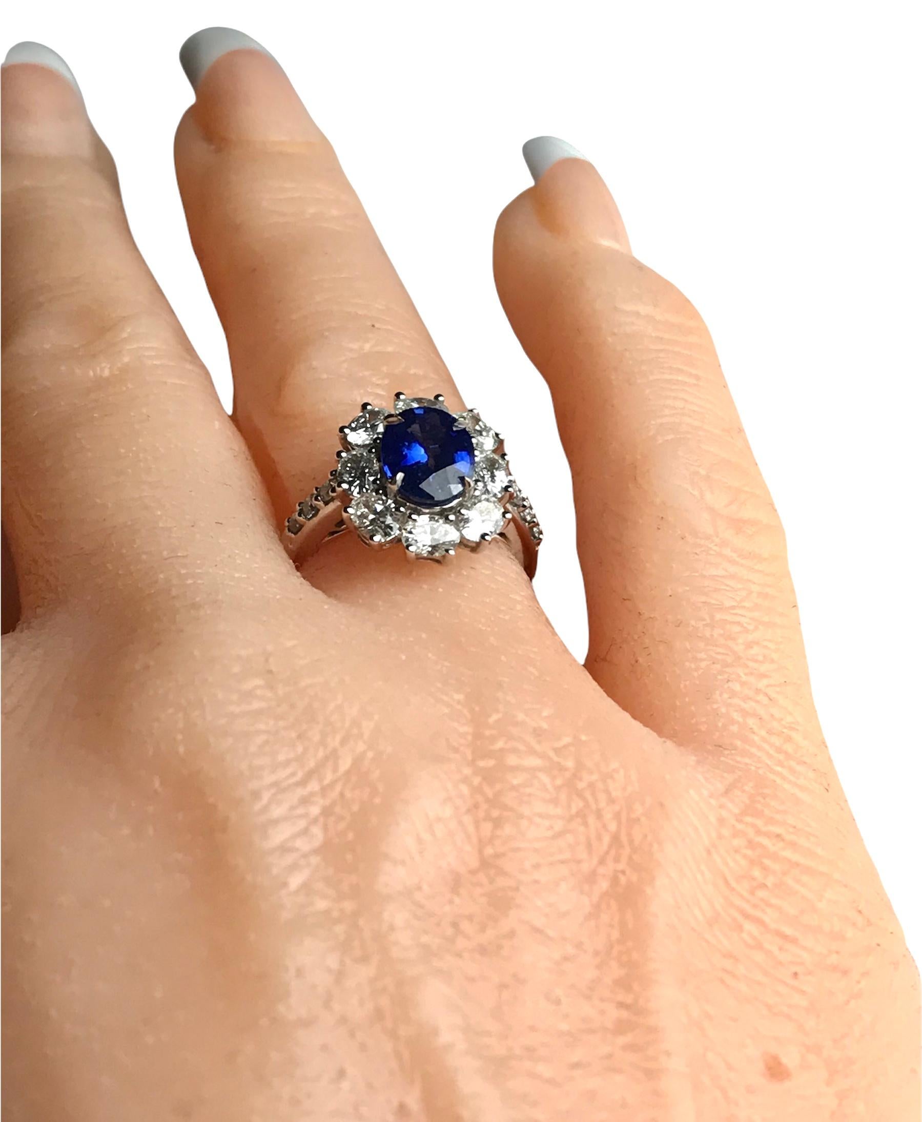 Women's 1.89 Ct Oval Cut Ceylon Sapphire Ring with 1.53 Carat Diamond Halo in 18k ref334 For Sale