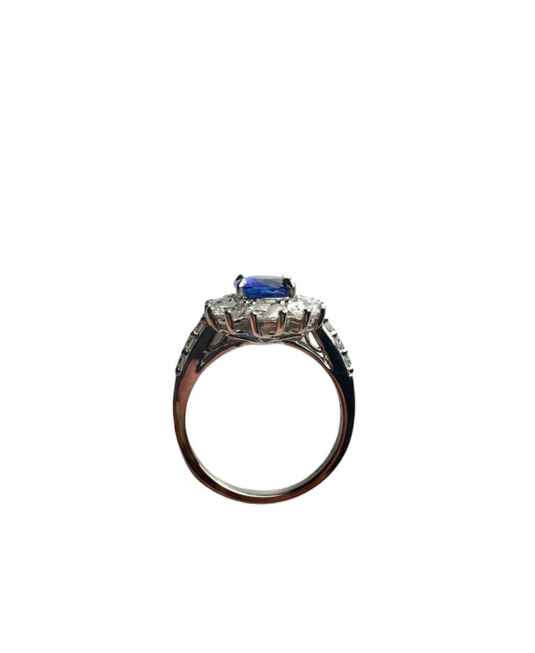 1.89 Carat Oval Cut Ceylon Sapphire Ring with 1.53 Carat Diamond Halo in 18k For Sale 1