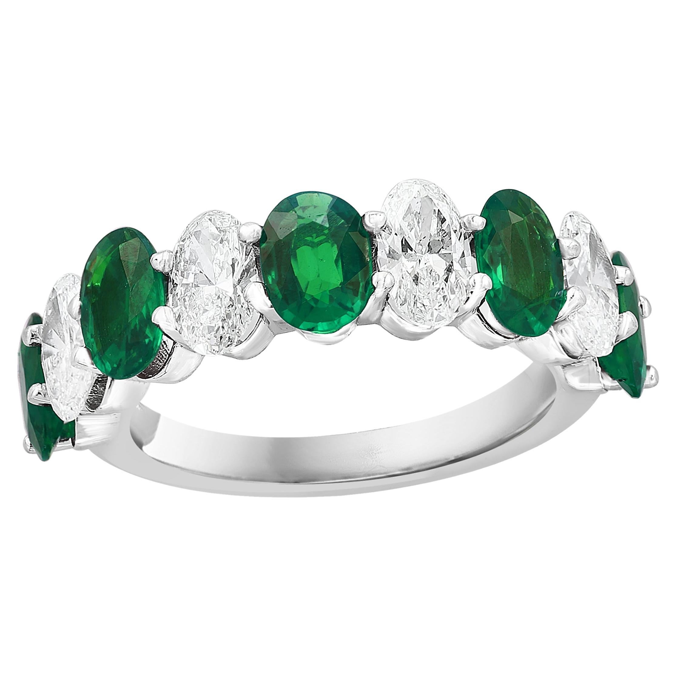 1.89 carat Oval Cut Emerald Diamond Eternity Wedding Band in 14K White Gold For Sale