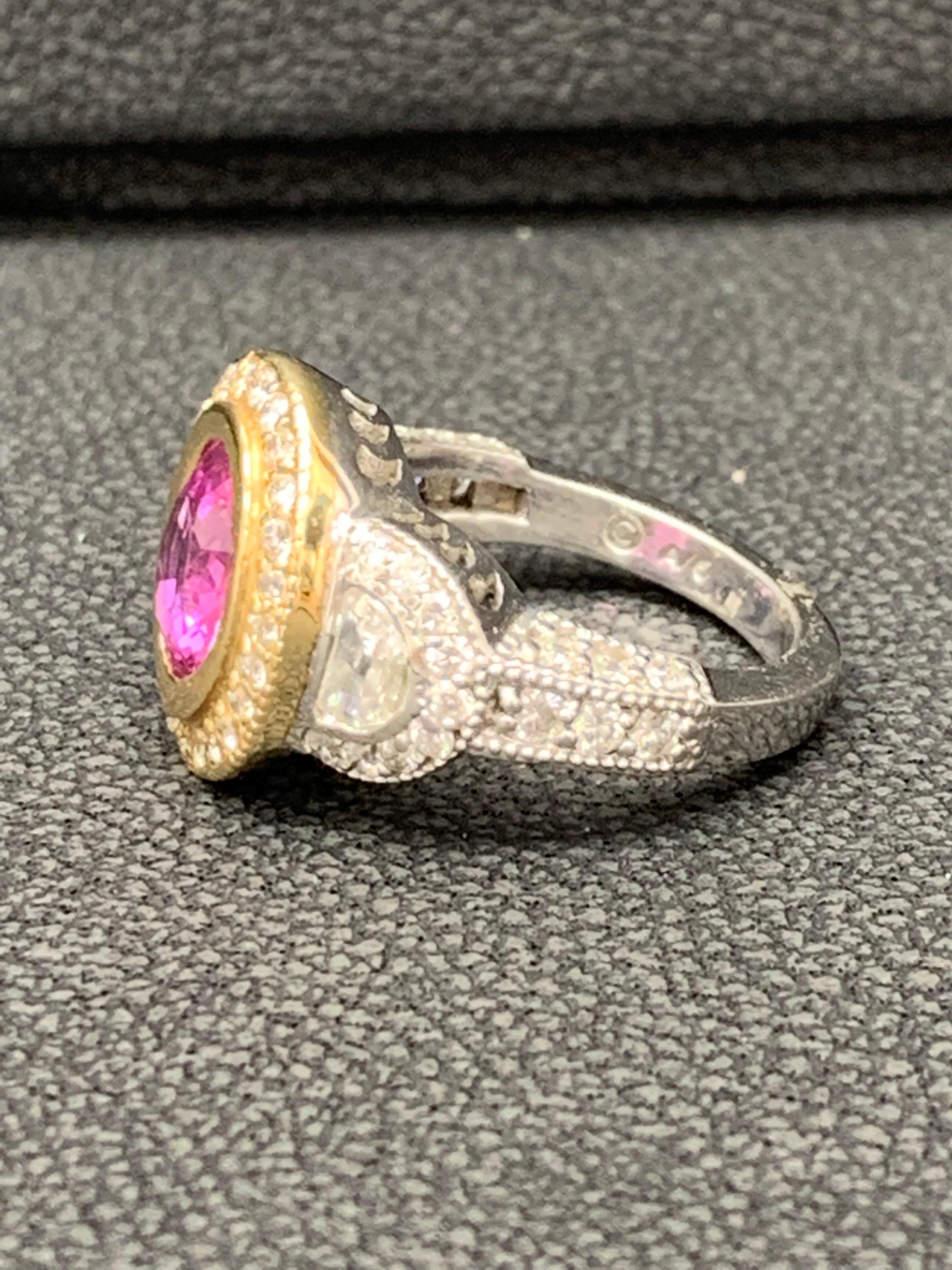 Contemporary 1.89 Carat Oval Cut Pink Sapphire and Diamond Ring in 14K Mix For Sale
