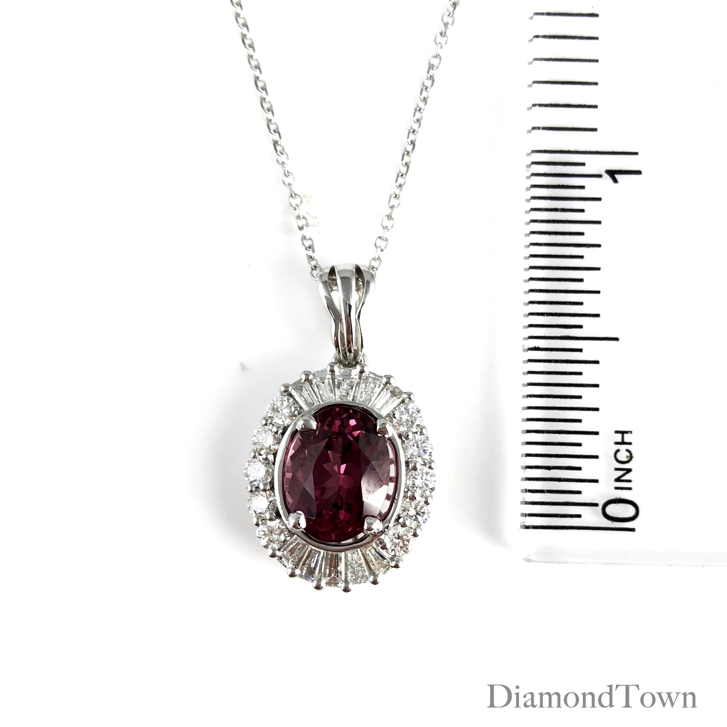 DiamondTown 1.89 Carat Oval Cut Raspberry Garnet and Diamond Halo Pendant In New Condition In New York, NY