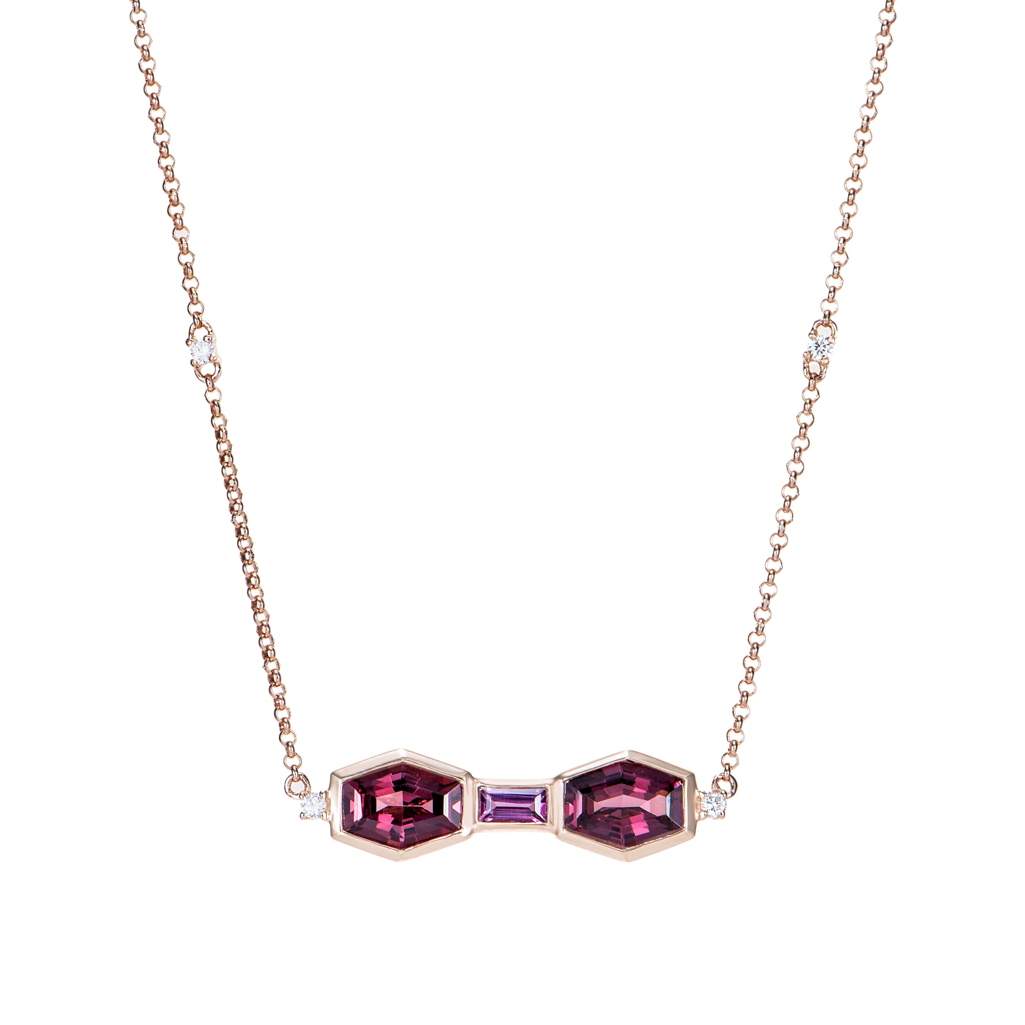 These are Fancy Rhodolite Pendant in Hexagon shape with Red Pink Purplish hue. These rose gold Pendant have a timeless, elegant appearance and can be worn on different occasions.

Rhodolite Pendant in 14Karat Rose Gold with White