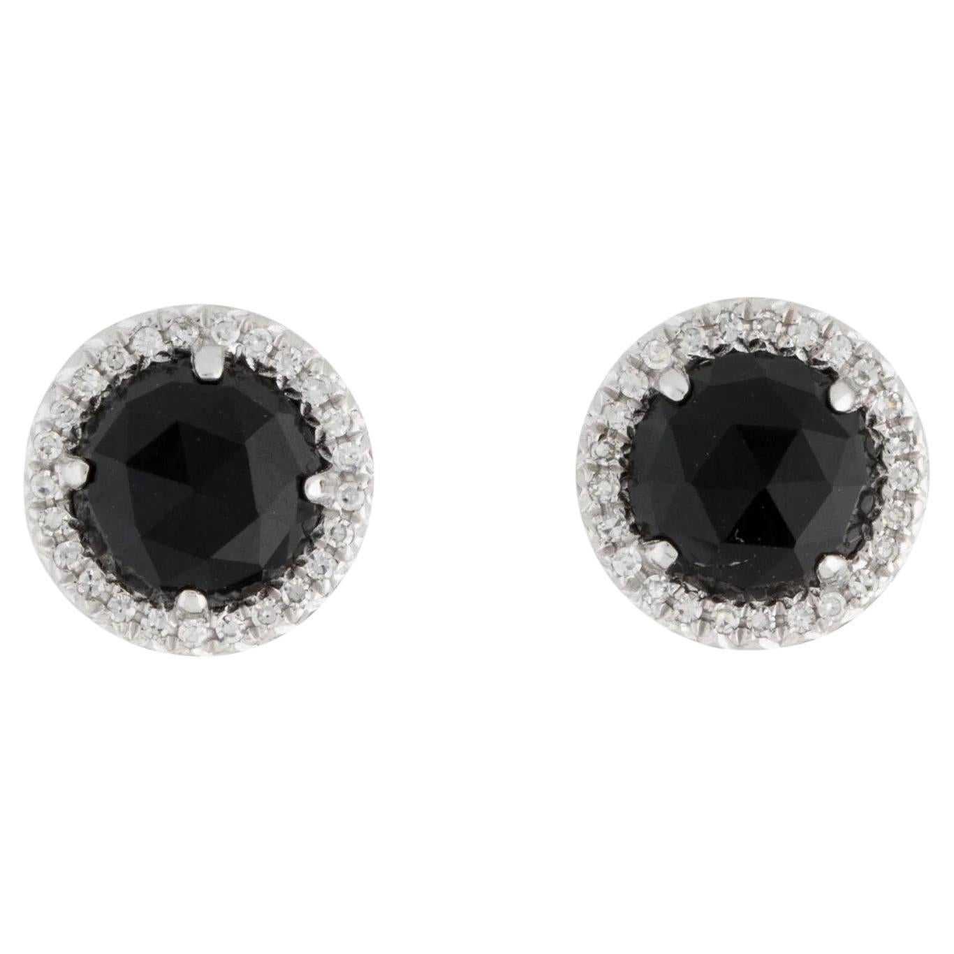 Boucles d'oreilles or blanc 1,89 carat Onyx noir rond et diamant 