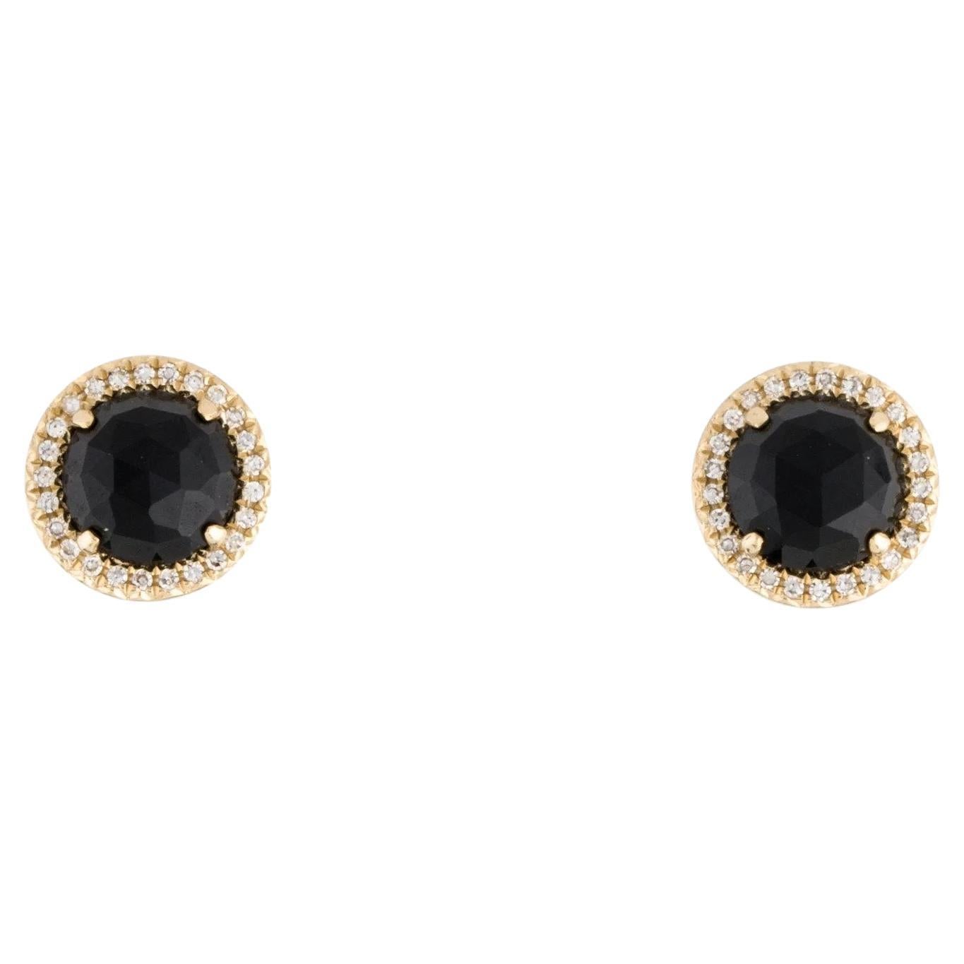 1.89 Carat Round Black Onyx & Diamond Yellow Gold Stud Earrings  For Sale